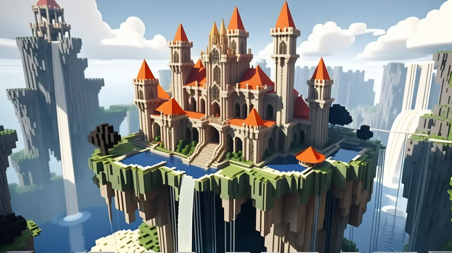 A minecraft style floating castle high in the sky, it is on a floating island with waterfalls going over the edge. It is a beautiful and elegant castle of light stone with circular towers and spires with colorful roof.