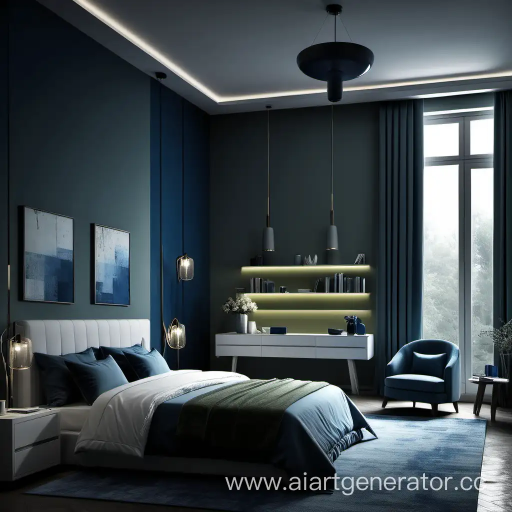 интерьер спальни в темных оттенках (серый, синий, оливковый), с двумя большими окнами, белой мебелью и подсветкой