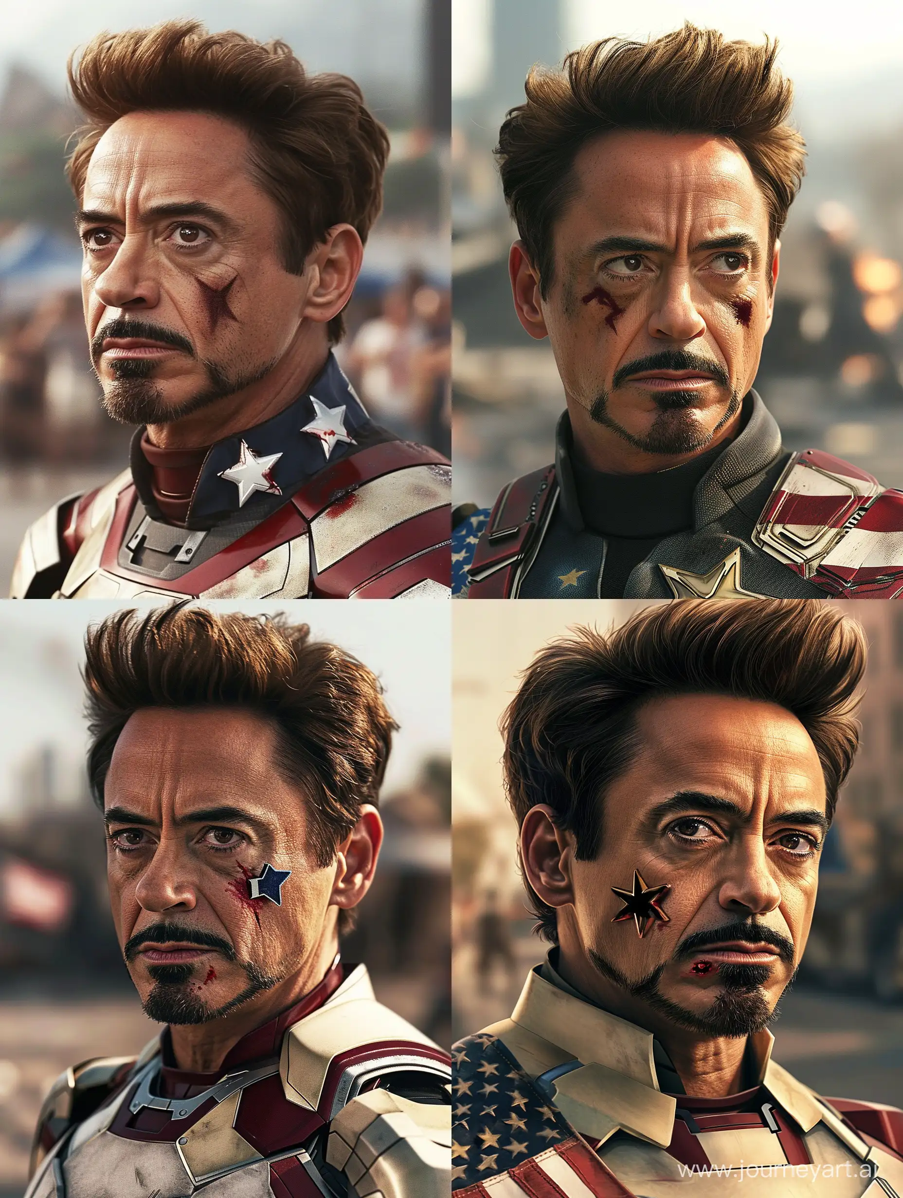 The image features Robert Downey Jr. as Tony Stark, looking determined with his hair styled in a quiff. He has a star-shaped badge on his costume, which is adorned with an American flag. He has a black mustache and a star-shaped bruise on his right cheek. The background shows a blurred cityscape.