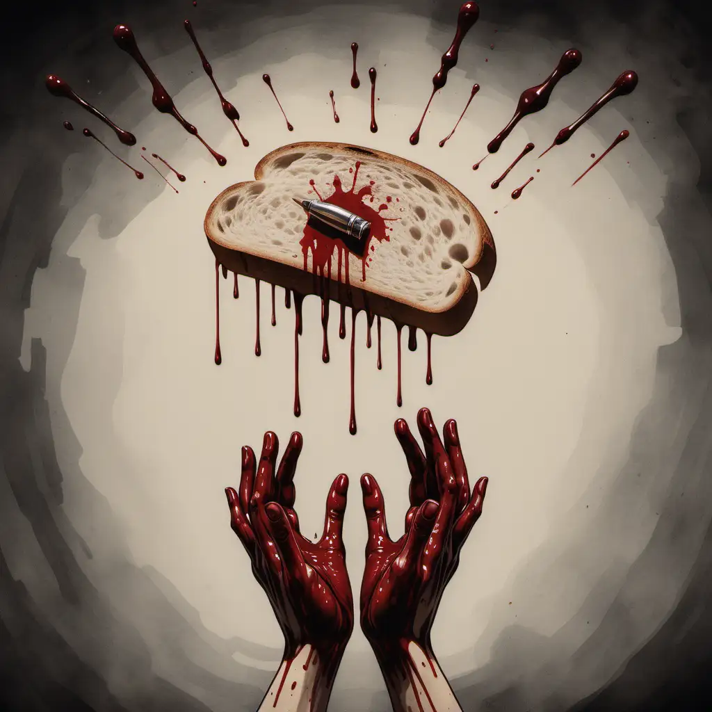 artwork. hands reaching for piece of bread with a bullet inside, dripping blood.