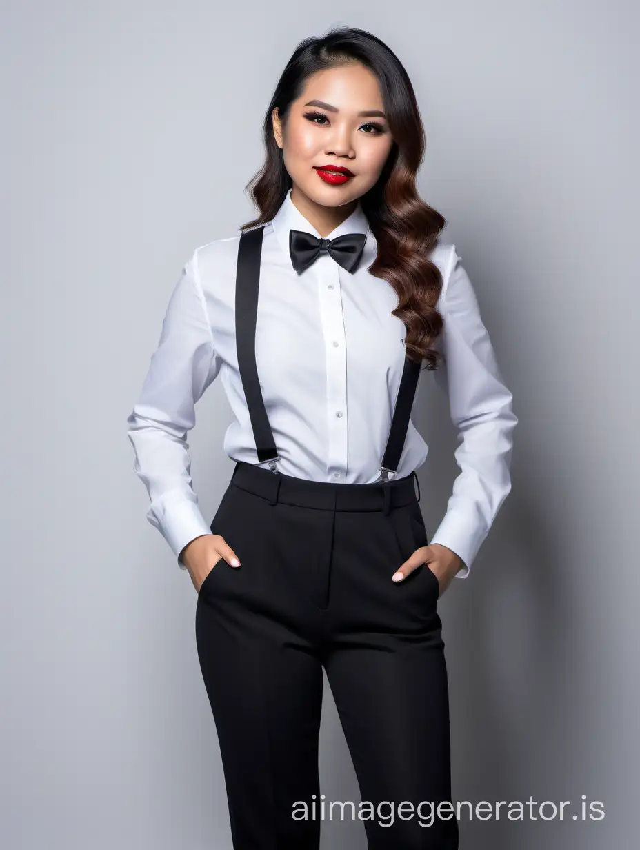 vivacious filipino woman with shoulder length hair and lipstick wearing a black tuxedo, wearing black pants, wearing a white shirt, wearing a black bow tie