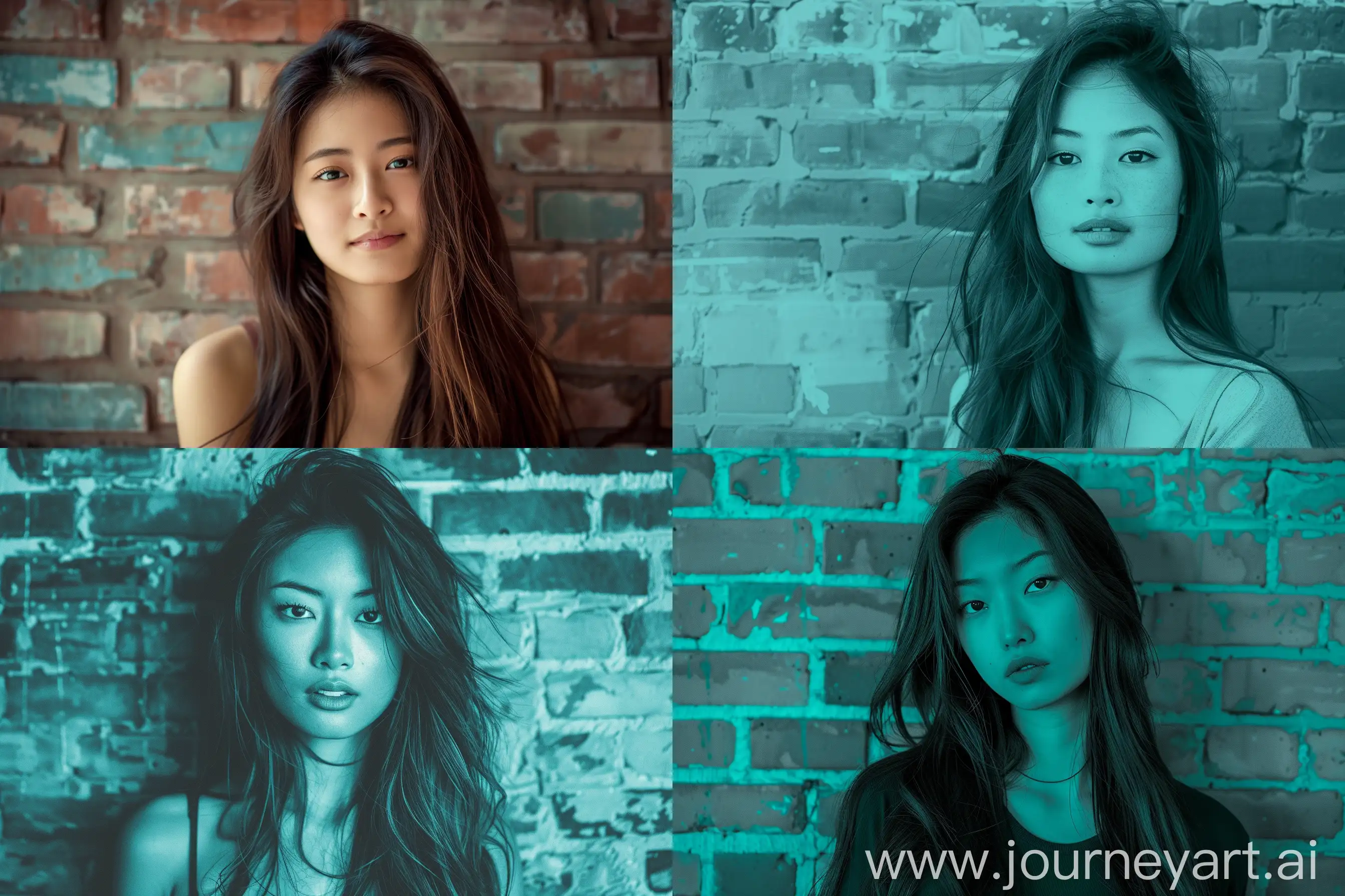  beautiful woman with long hair in front of a brick wall, in the style of light teal and dark indigo, poetcore, asian-inspired, lighthearted, strong facial expression, vibrant colorist, interactive experiences --ar 128:85 --v 6.0 --style raw