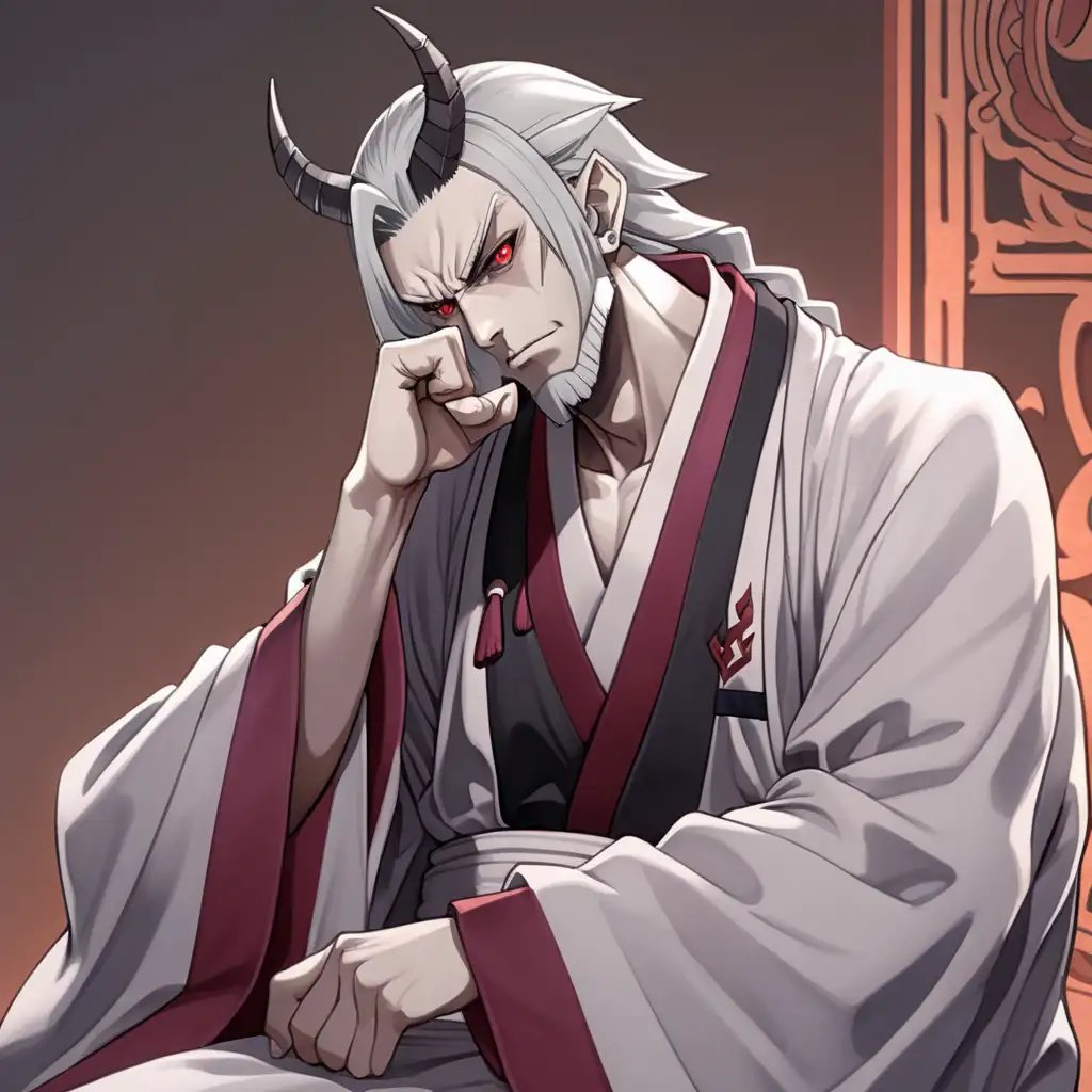 anime demon man, fatherly, tall, tired expression, speaking, full body, wearing robes, resting chin on hand