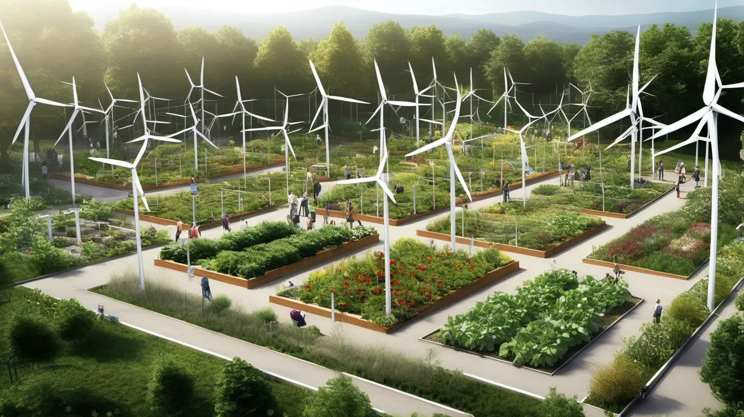 "Create an image of a community garden with small wind turbines integrated into the landscape, emphasizing decentralized wind energy production."