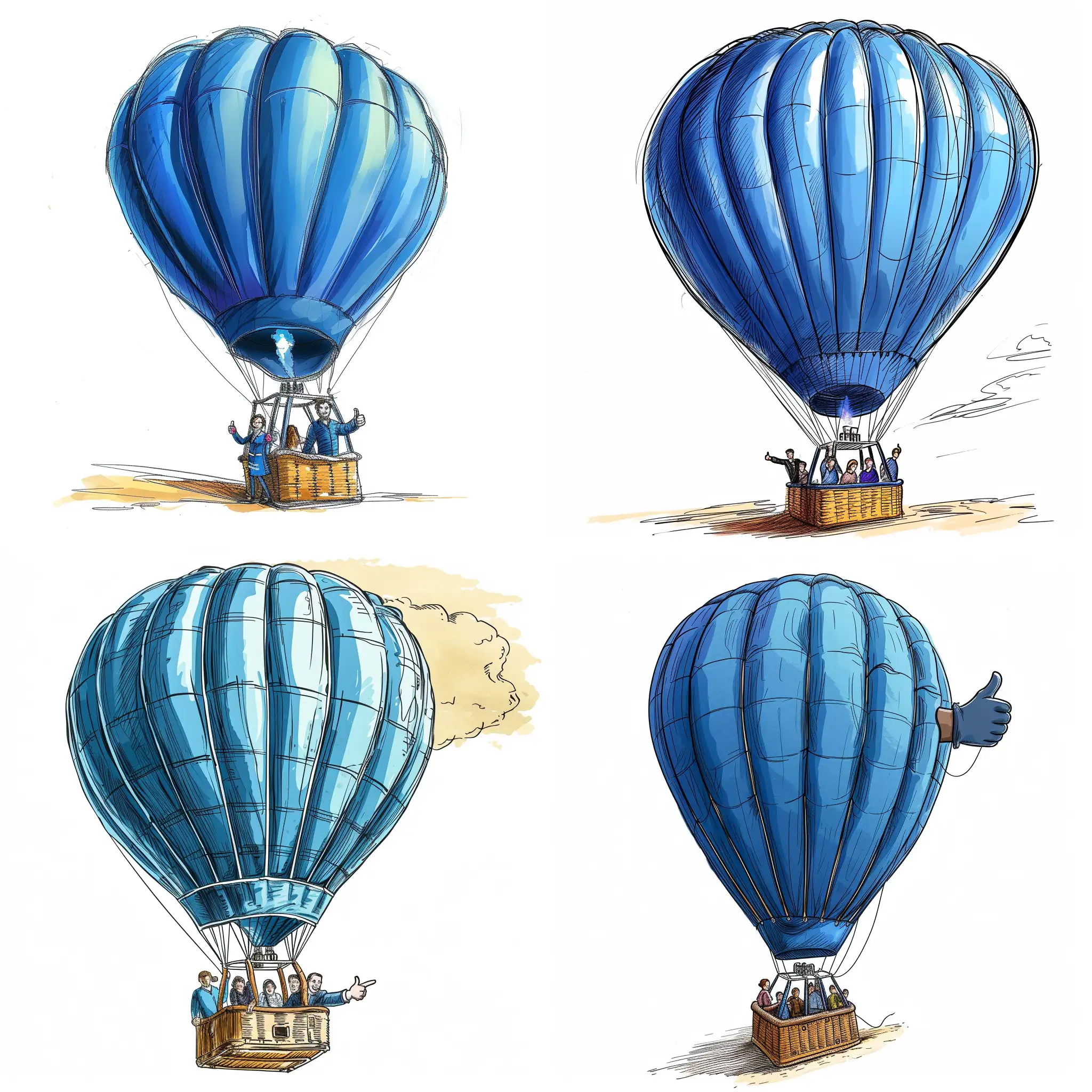 The hot air balloon  is flying has a blue color and it is clear that people are standing happily inside itband pointing with their hands in greeting with a thumbs up, Victor sketch drawing illustrator style on white background. 