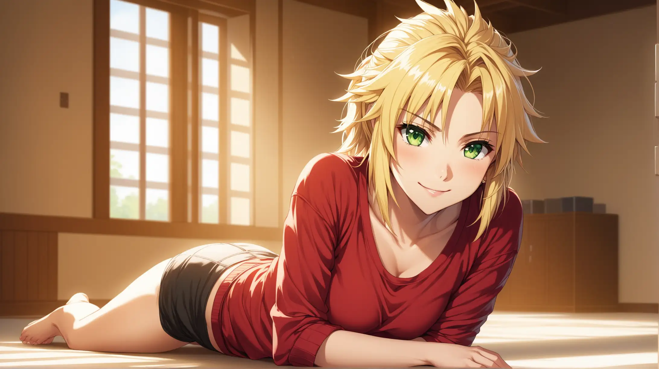 Draw the character Mordred, green eyes, high quality, natural lighting, long shot, indoors, seductive pose, wearing a casual outfit, smiling at the viewer