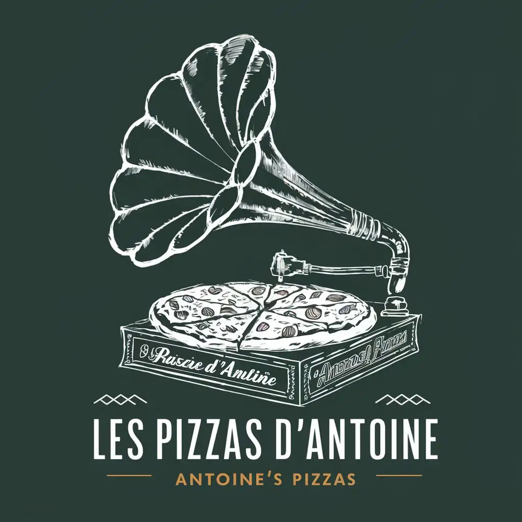 logo, Logo, Vintage style.

A drawing of a gramophone with a pizza taking the place of the record disc. The drawing is white. 

The gramophone horn should be large and ornate.
The pizza itself should be detailed and nicely made to look like a real pizza, showing cheese, pepperoni slices and a crispy crust, all white. 
The base of the gramophone should be made from pizza box.

For a truly vintage look, White drawings and dark green background., with the text "Les Pizzas d'Antoine", vintage typography, be used in Restaurant industry, with the text "Antoine's Pizzas", typography, be used in Restaurant industry
