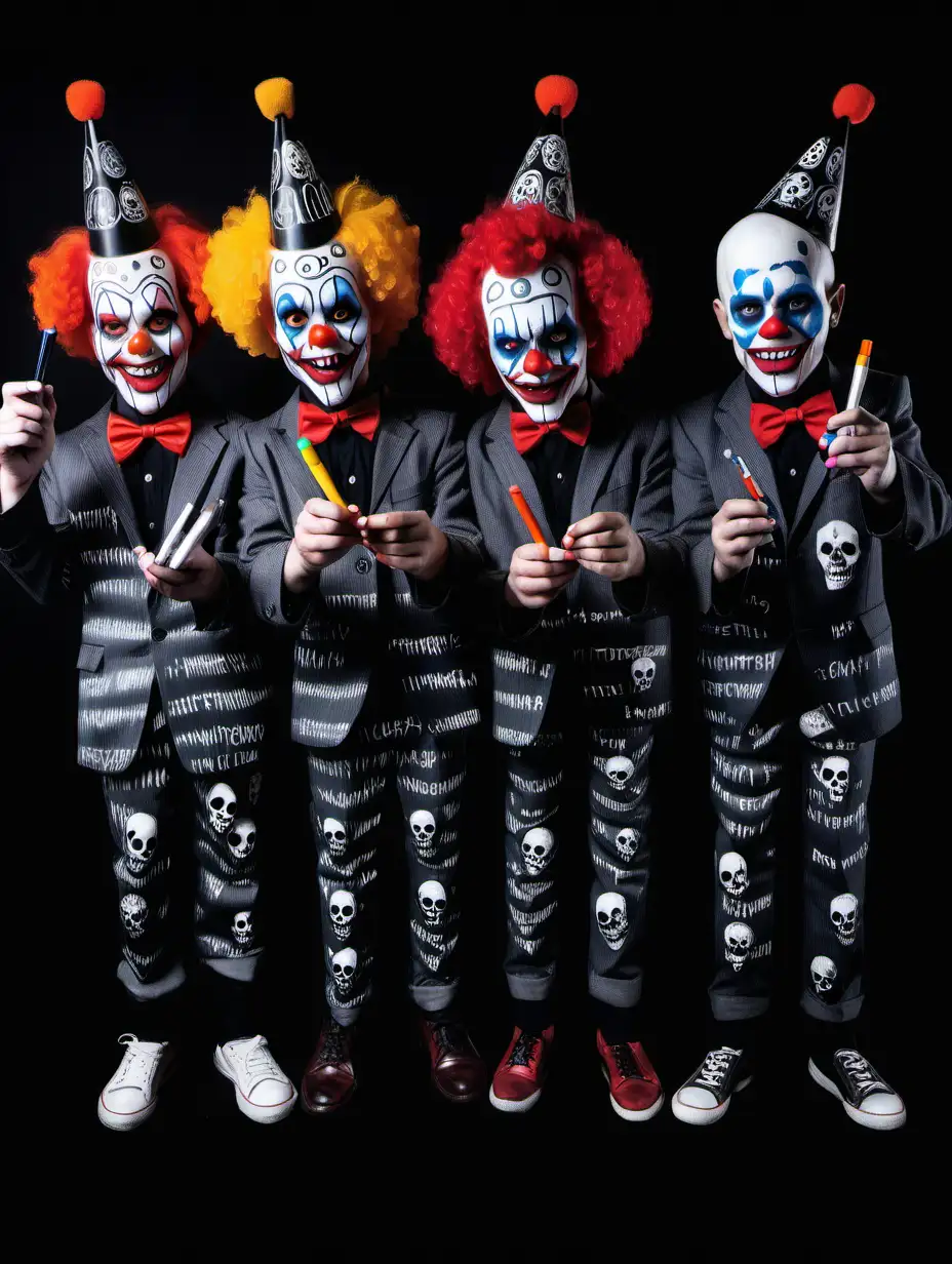 clowns with markers in hands, skulls, writing, black background