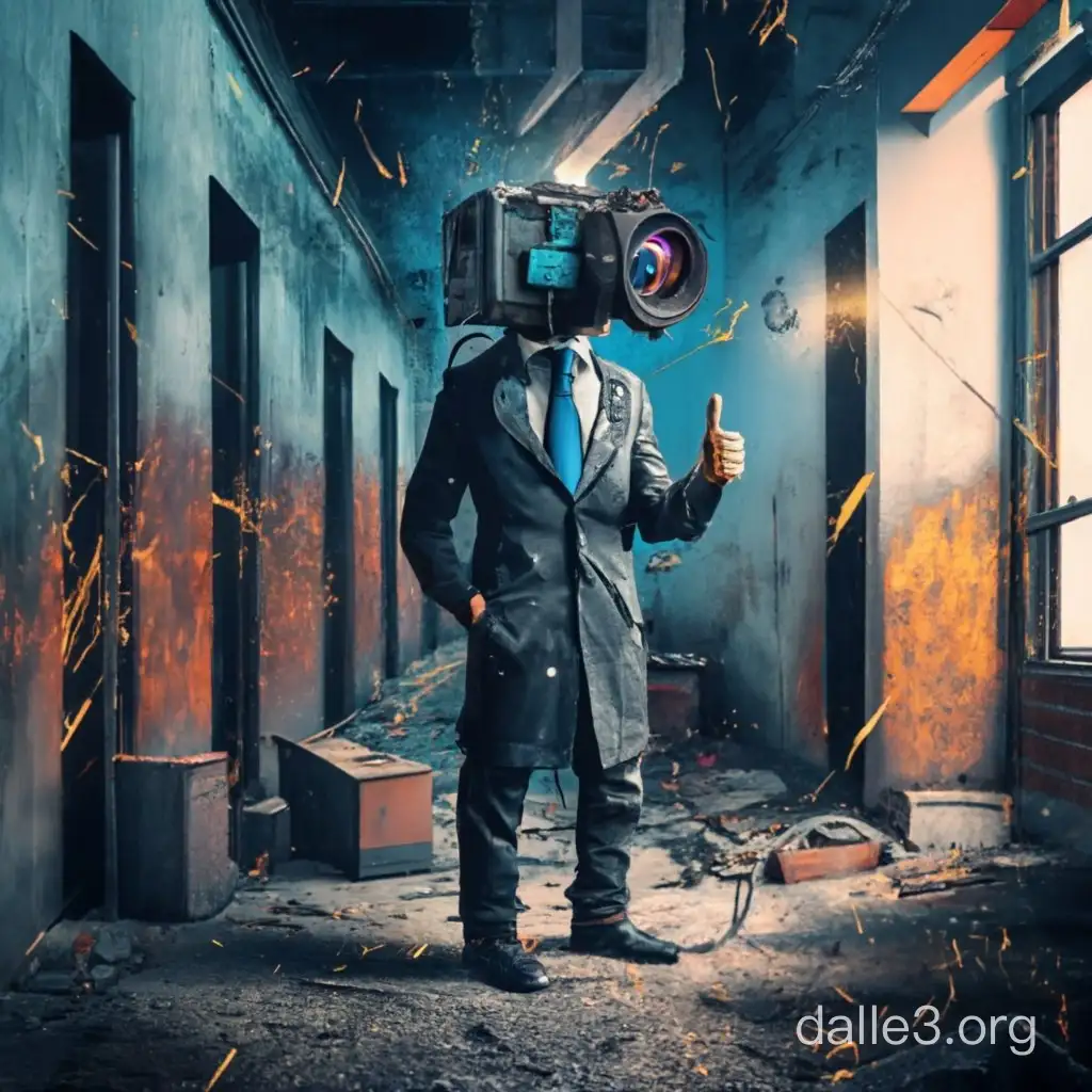 Humanoid being with  4,7 meters tall with a sparking old camcorder as head using a burned dark overcoat, blue tie and black glove missing the limbs parts with wires sticking out, giving the last thumbs up
In a dirty large abandoned burning hallway 