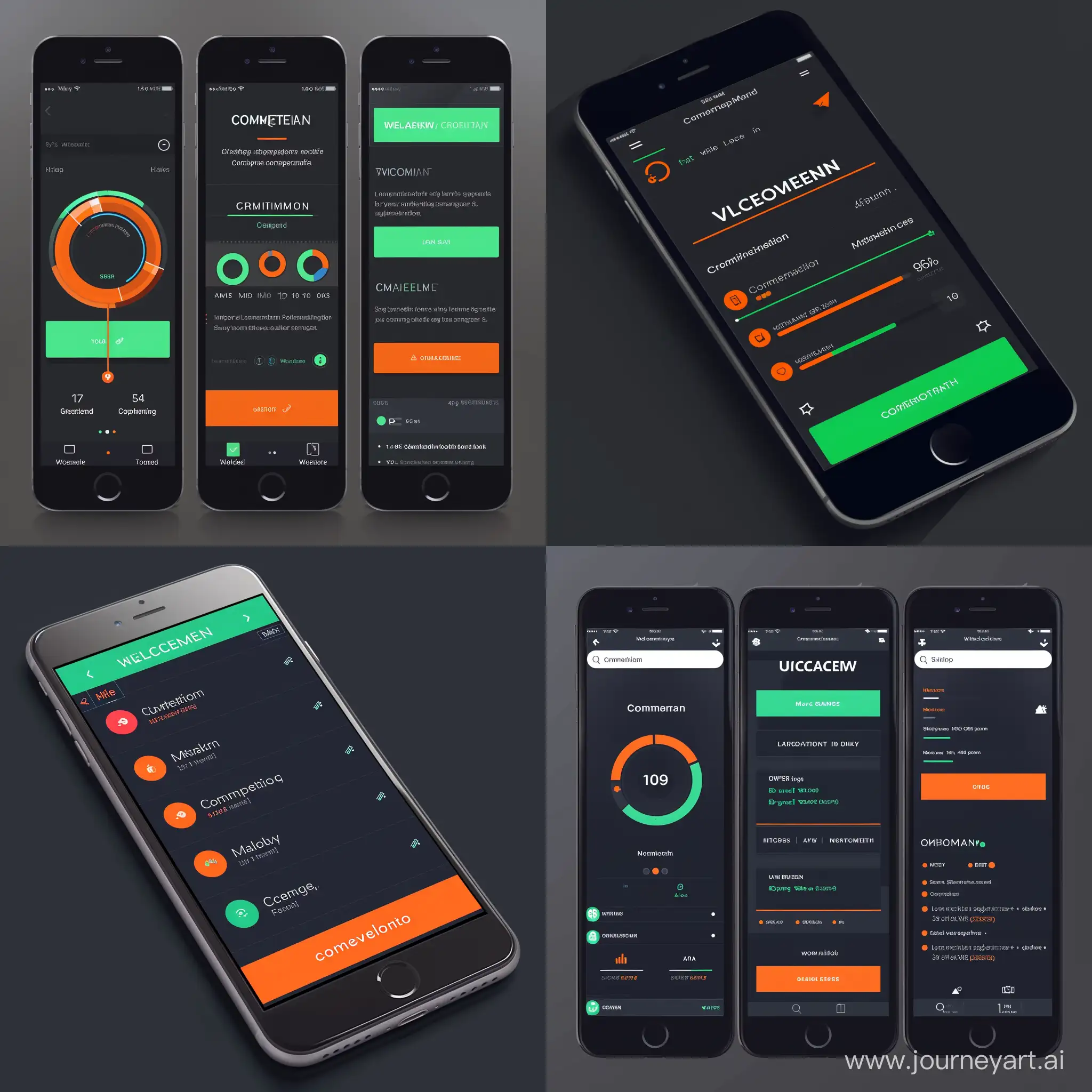 Simple tech inspired ios app
main color : dark
main accent : green
light accent : orange

Top - Welcome
Middle - Commitment
Bottom- Nav bar