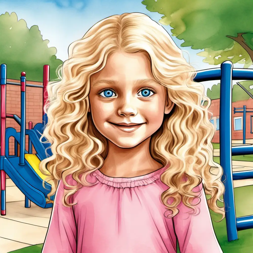 Adorable 8YearOld Girl in Pink Dress at School Playground Childrens Book Illustration