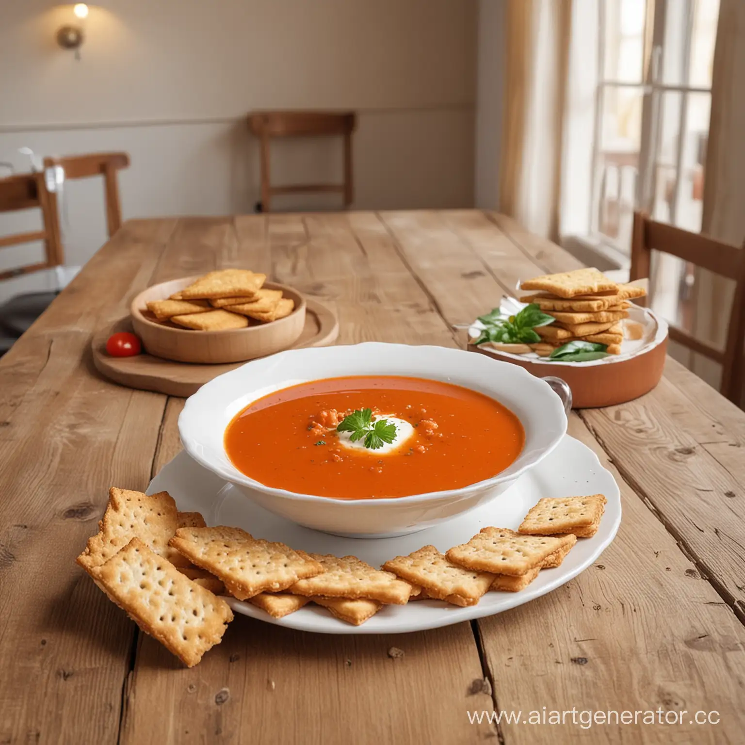 реалистичная фотография, томатный суп с хлебцами, в белой тарелке, на деревянном столе, на фоне интерьер ресторана в светлых оттенках, стиль: фото