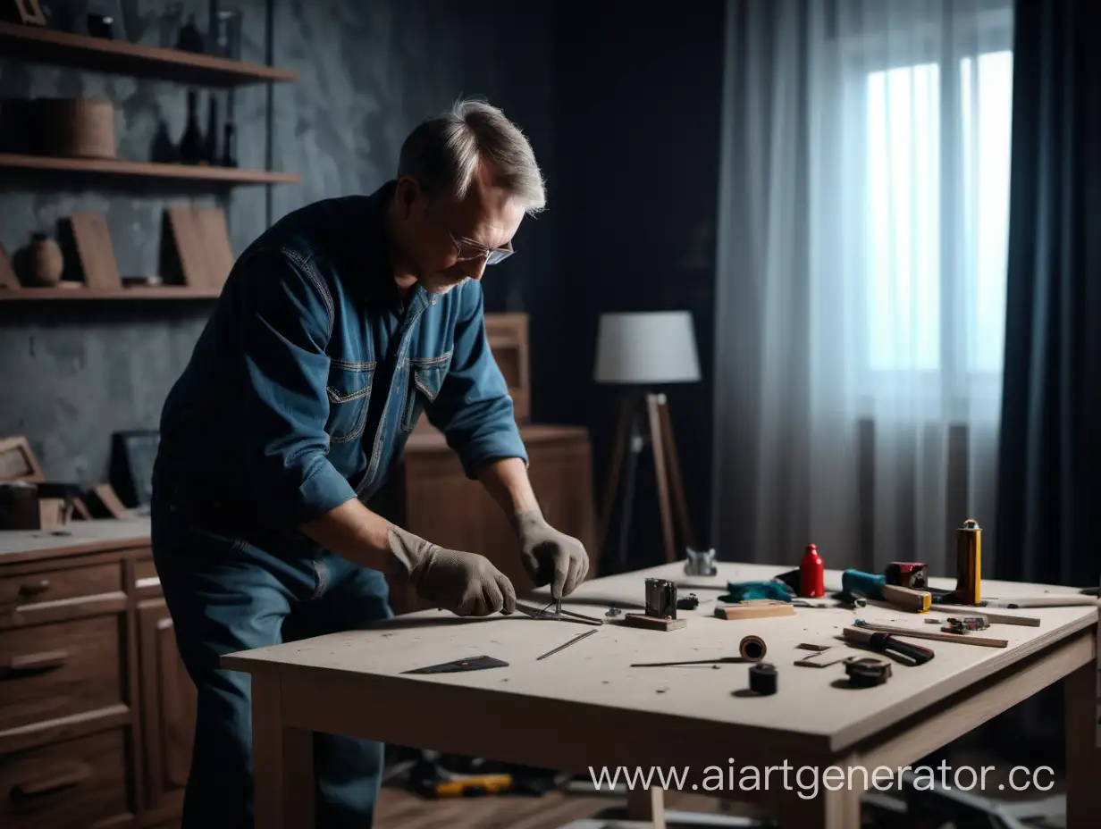 Мастер ремонтирует в квартире мебель в кинематографичном стиле