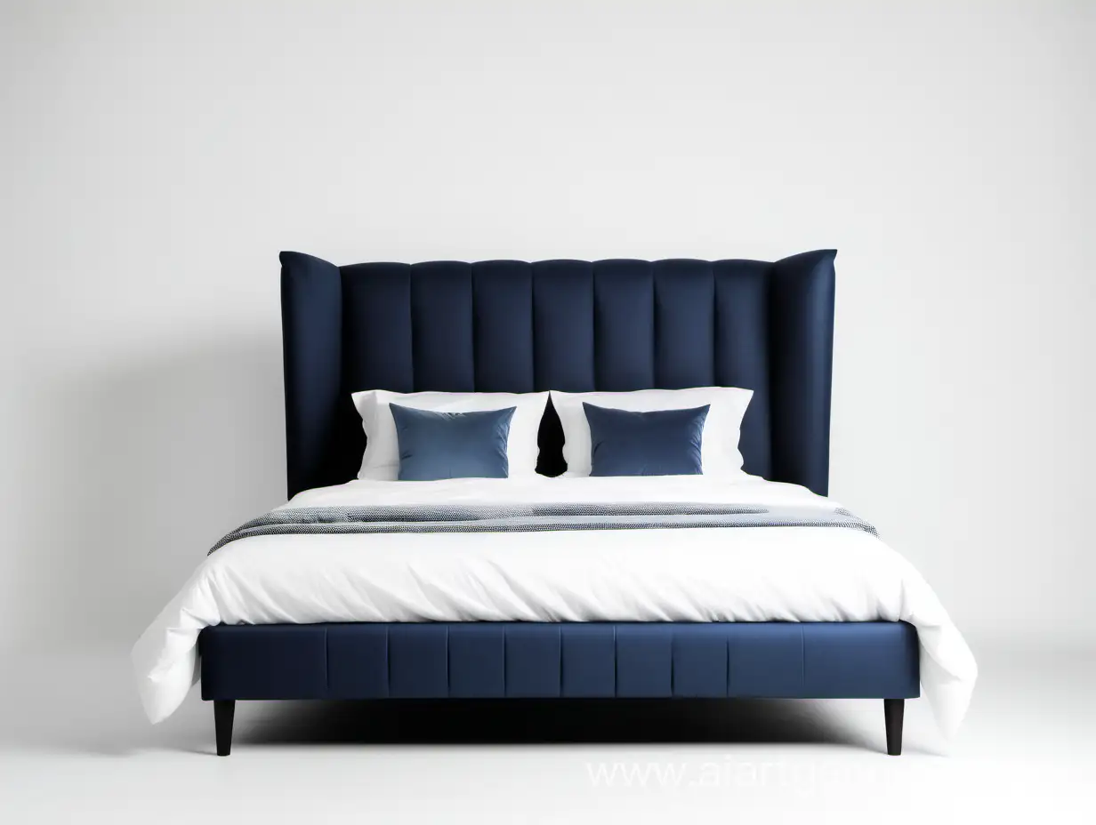 современная темно синяя кровать с мягкой спинкой на белом фоне
