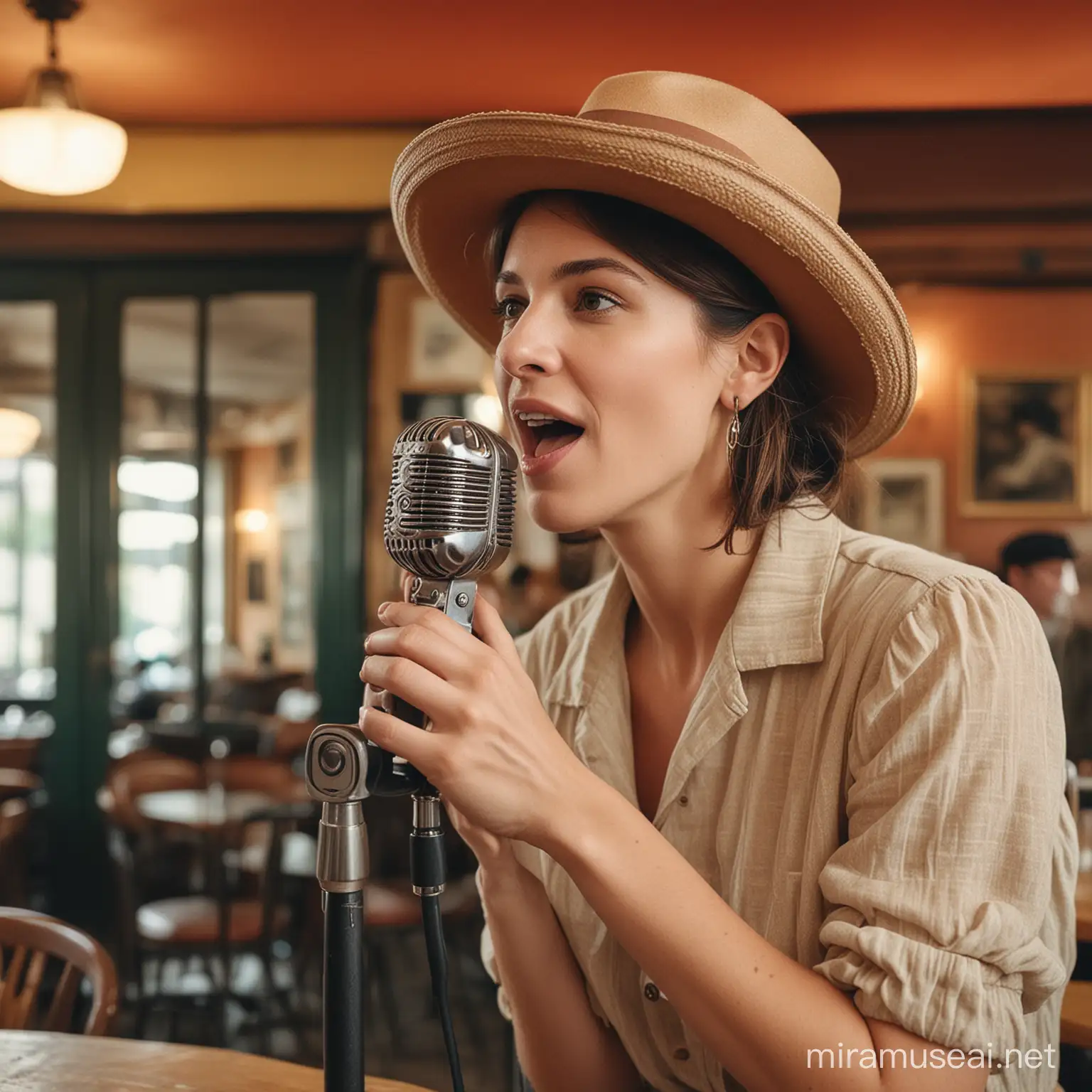 color image of a woman wearing a hat in a large French café, singing soulfully into an old microphone