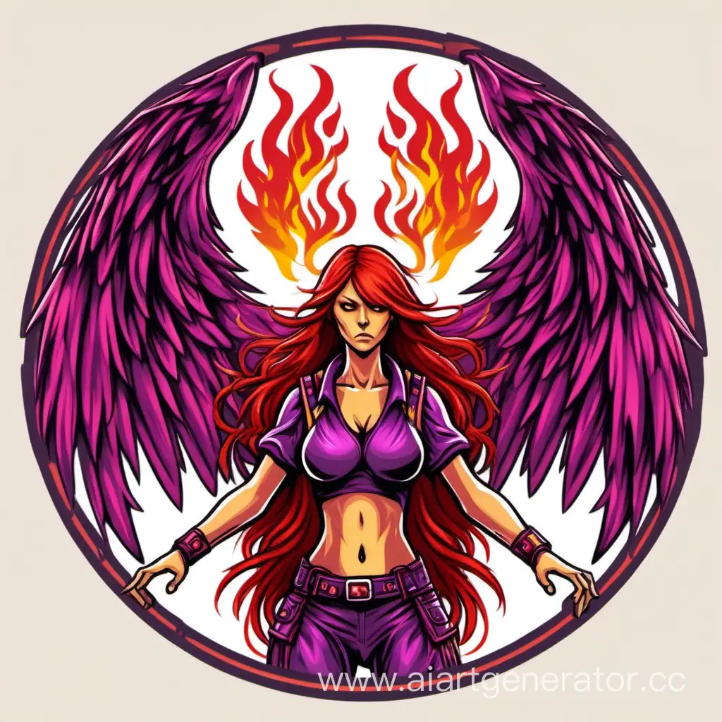 Circle icon with purple and red fire with red-hair drumgirl with agressive crossed hands and wings of phoenix on her back