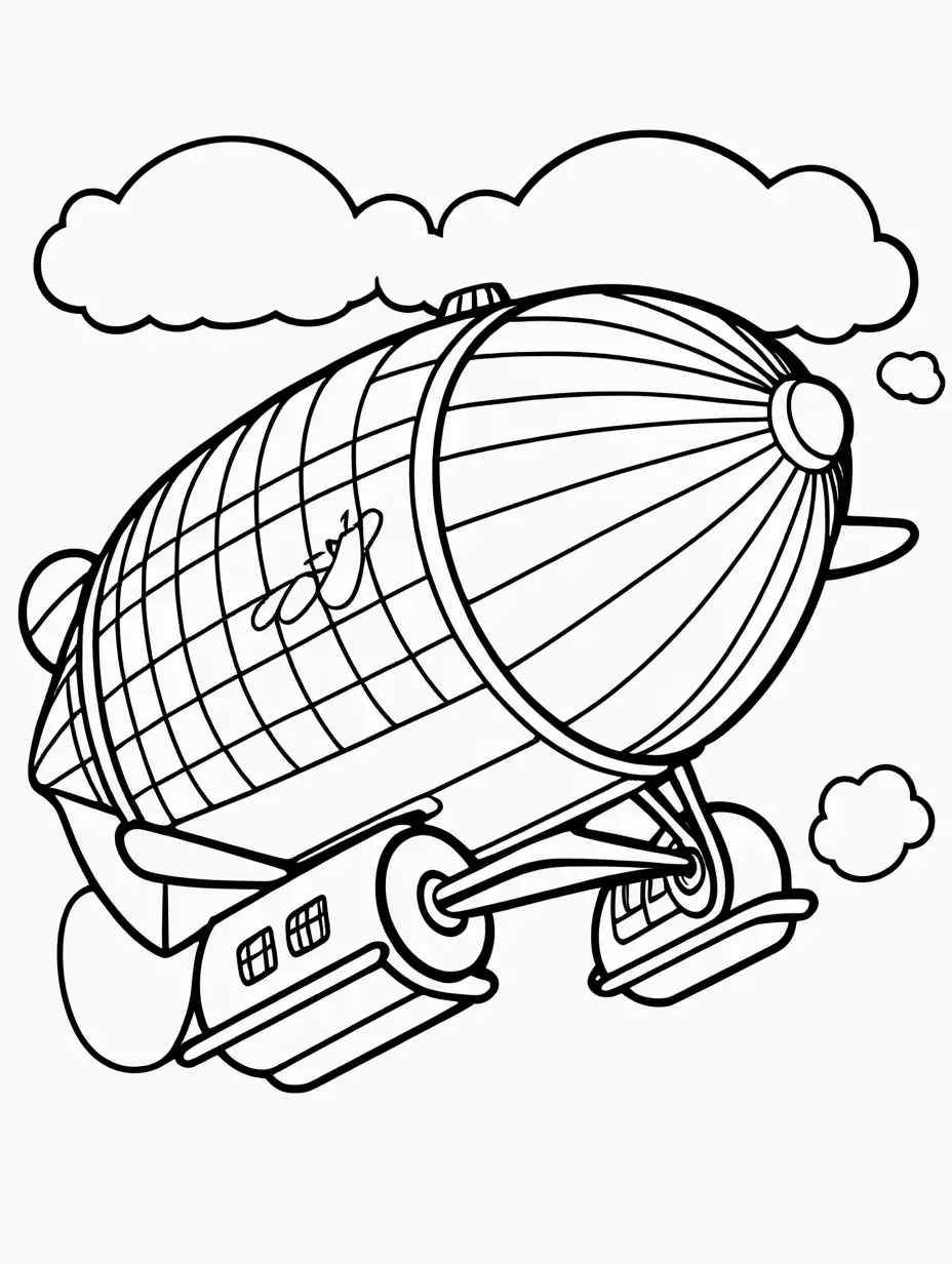 Very easy coloring page for 3 years old toddler. cartoon zeppelin. Without shadows. Thick black outline, without colors and big  details. White background.