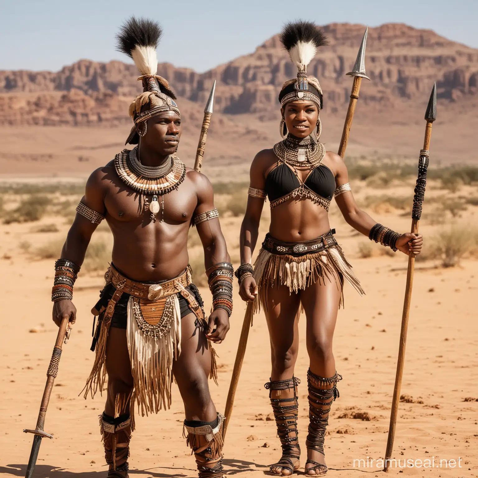 african zulu warriors, male and female, zulu clothes, spears in hand, sahara desert background