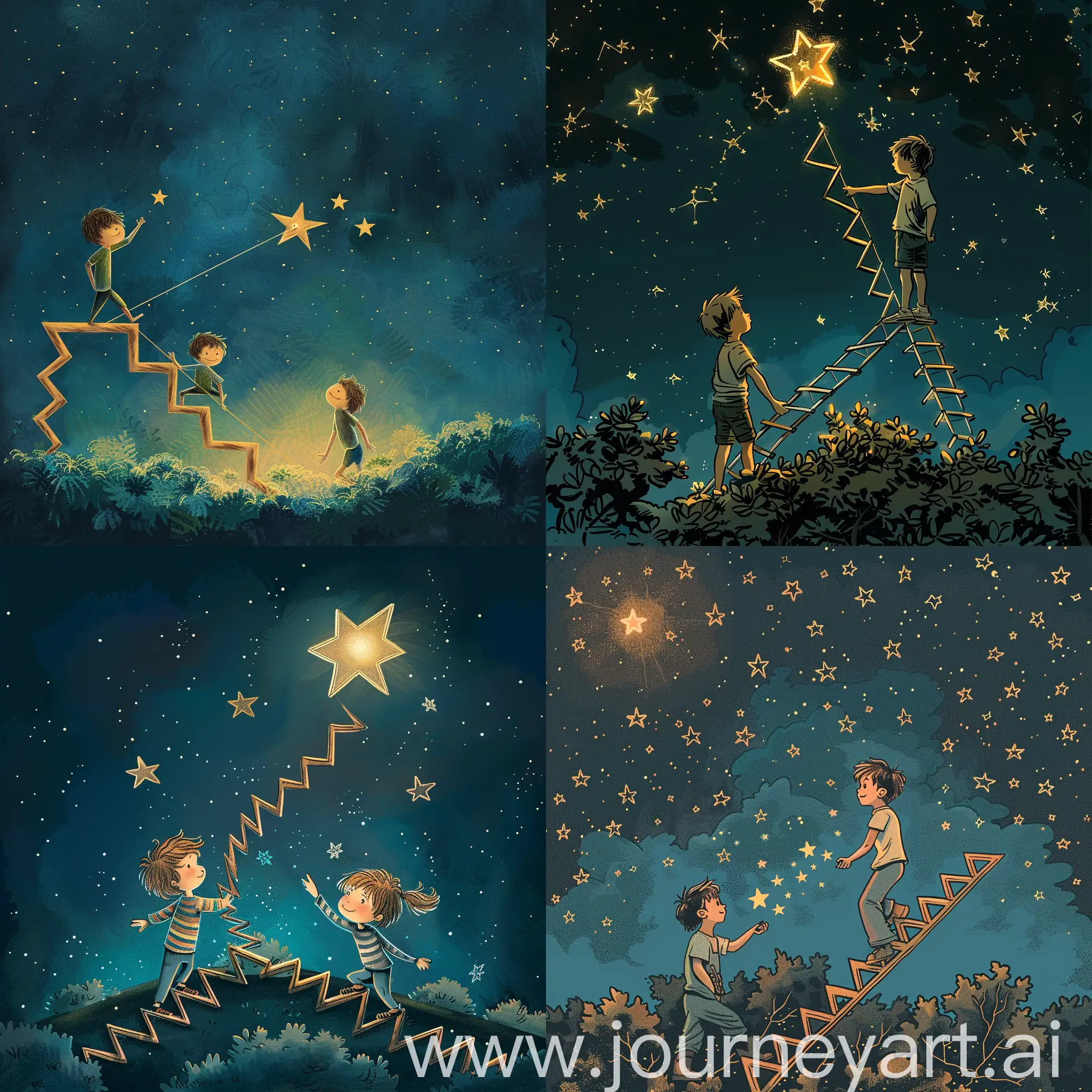 漫画场景，星光照耀，两个少年，一人踩在人字梯上摘星