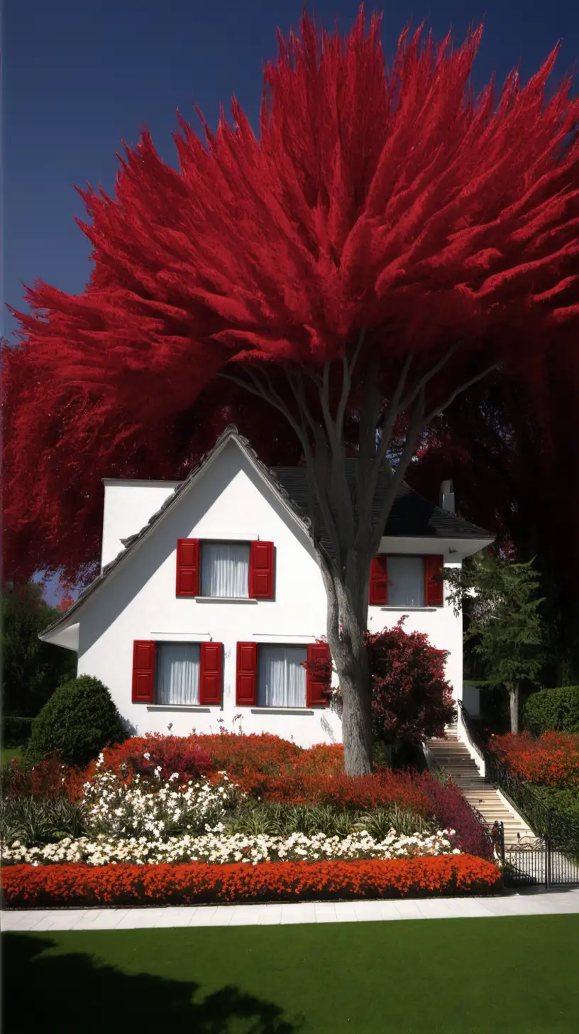 Charming Cottage Surrounded by Vibrant Flora and Crimson Trees