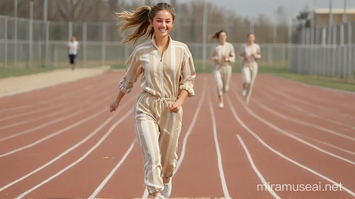 Young female prisoner running in training in  prison jumpsuit around the track and field oval. European, barefoot, shy smile, hair in a ponytail, partly visible naked breasts. (Jumpsuit: with wide white and pastel beige vertical stripes, made of crumpled fabric with many zippers, with long sleeves, harem style pants and a very long central zipper). Fully naked under the jumpsuit.