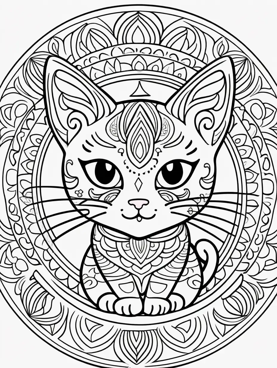 Whimsical Mandala Cat Cartoon for Creative Kids Coloring Book Fun
