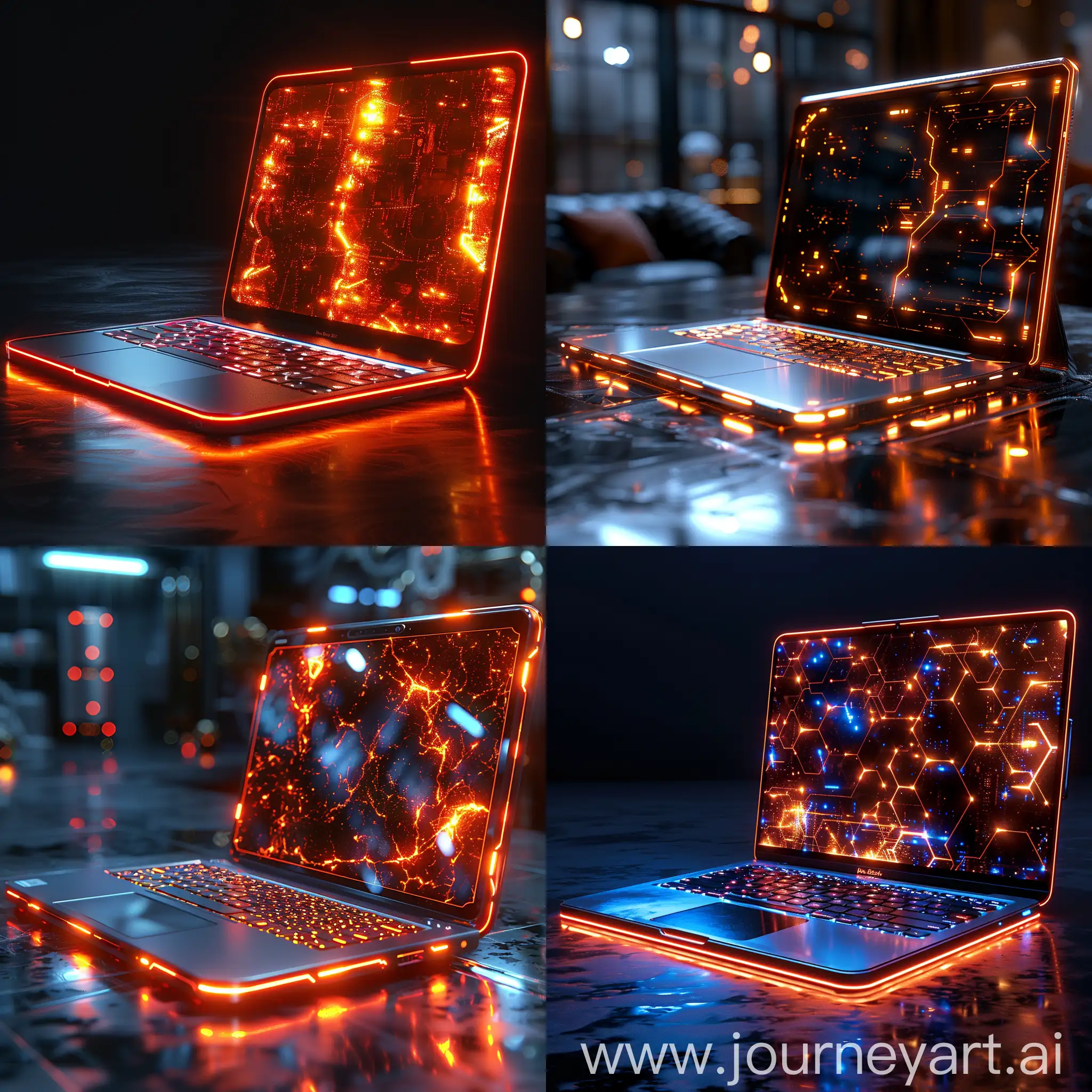 Futuristic ultra-modern laptop, futuristic ultramodern laptop, glowing materials and glowing metals, high tech, octane render --stylize 1000