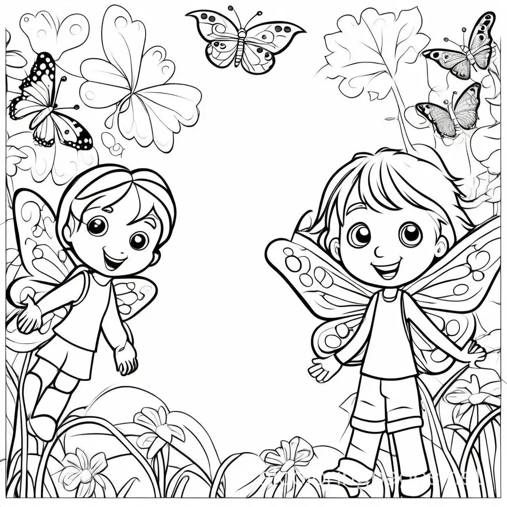 children and butterflies playing together
, Coloring Page, black and white, line art, white background, Simplicity, Ample White Space. The background of the coloring page is plain white to make it easy for young children to color within the lines. The outlines of all the subjects are easy to distinguish, making it simple for kids to color without too much difficulty