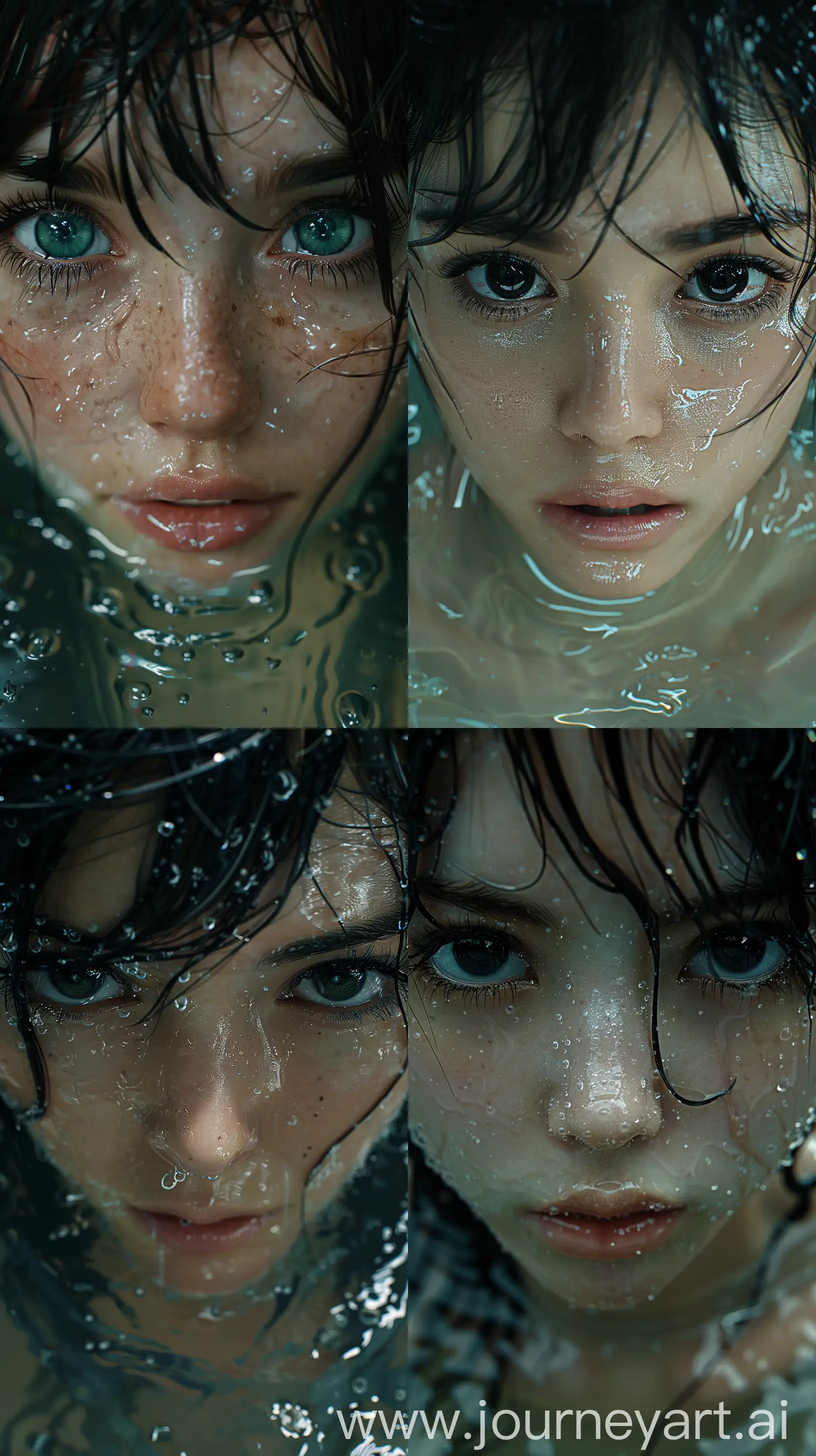 the face of japanese girl with beautiful black eyes, in the water, in the style of dystopian realism, realistic perspective, xbox 360 graphics, surrealistic realism, emotive realism, soggy, eerily realistic --ar 9:16 --stylize 750 --v 6