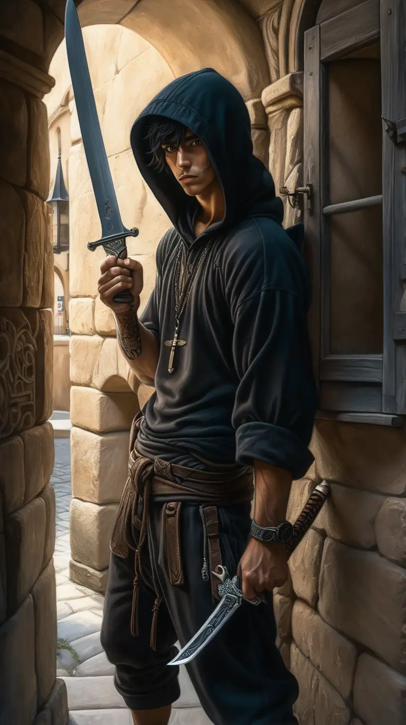 young male, big eye-bags and a tired looking face, black hair, hood over his head, he is skinny and wears black ninja clothes, with a dagger in in hand, leaning against a wall in an old city, in the style of Alfons Mucha, with emphasis on light play and the transparency of the glass, High and short depth of field, Ray tracing, hyperdetailed, hyper realistic, epic portrait, in dynamics, rich, cinematic color grading, stunning, photorealistic, 8k, shot on Canon EOS-1D X Mark III, photorealistic painting, e video, photo taken of an epic intricate, The camera settings are carefully chosen to emphasize the soft light and the subject: an aperture of f/5. 6, ISO 200, and a shutter speed of 1/125 sec, cinematic 35mm --ar 51:91 --s1000