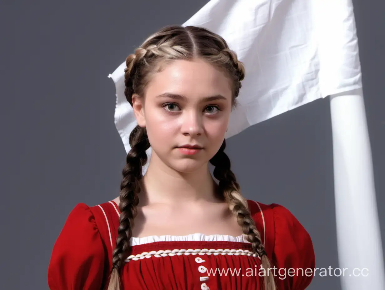 Charming-Girl-in-Red-Dress-with-Braided-Black-Hair-and-White-Flag