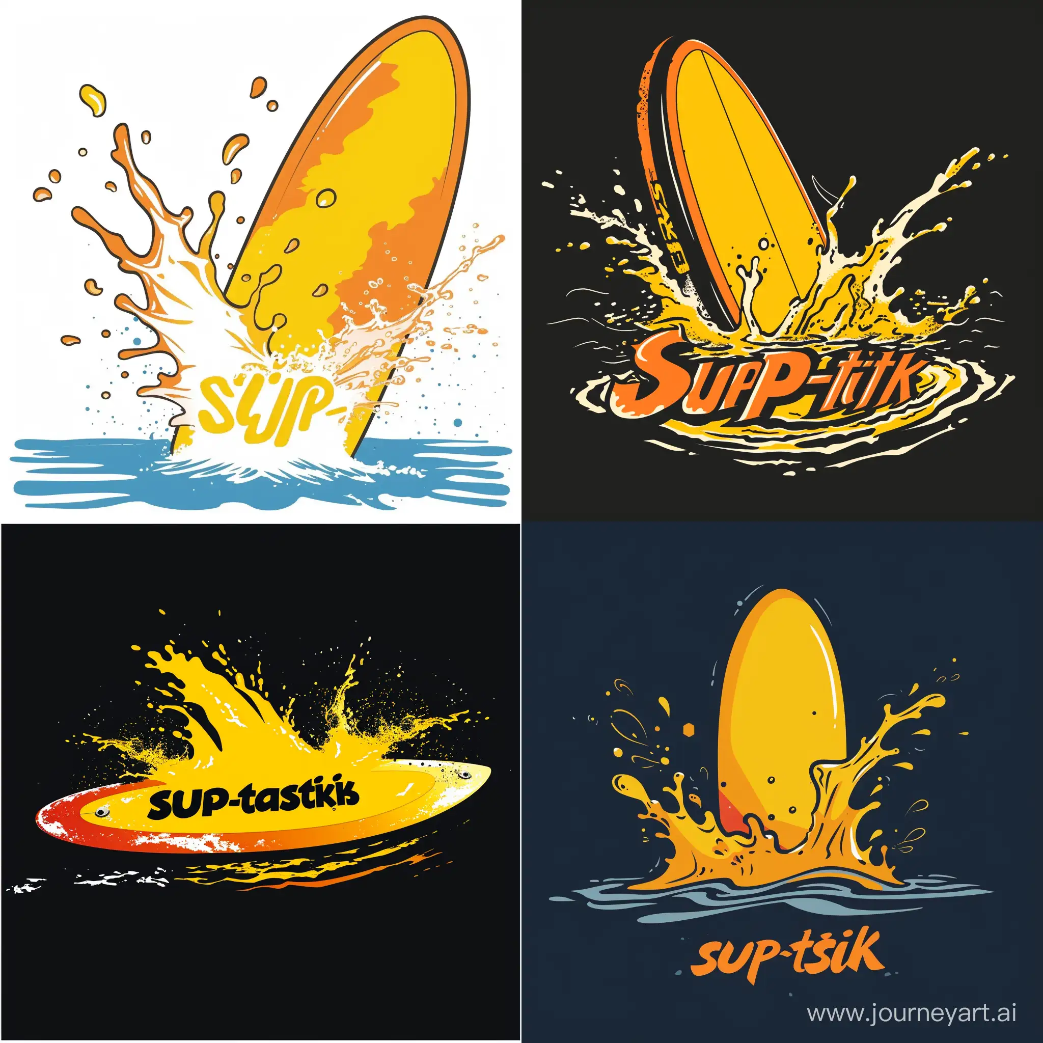 Make a logo with a yellow and orange  SUP board splashing ing the water. Write "SUP-tastisk"
