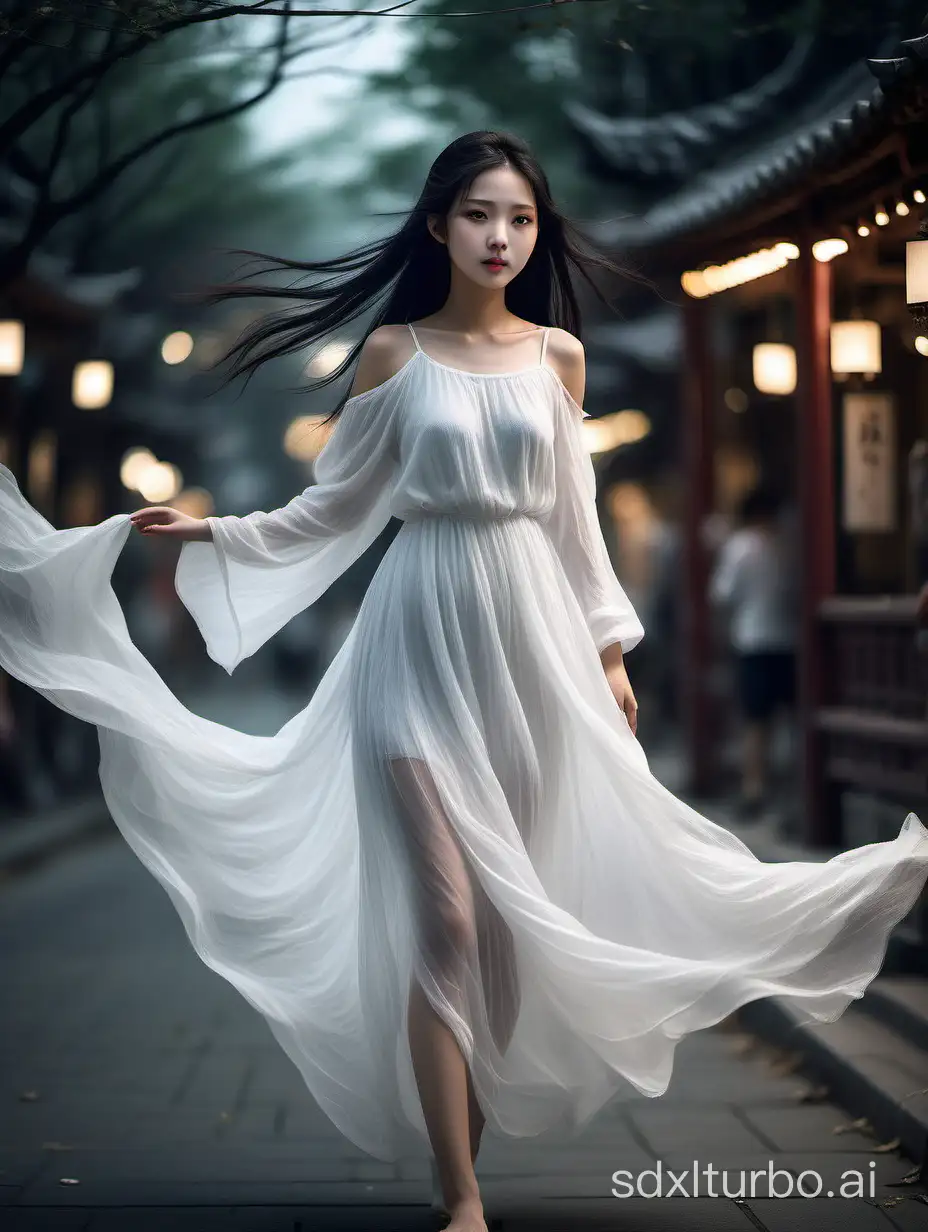 白纱裙中国少女，面容俏丽，眼波流转，如繁星闪烁。她身着一袭白色纱裙，轻盈飘逸，仿佛黑夜中的精灵般神秘迷人。她走在街头，风吹拂着她的长发，裙摆随风飘动，如梦如幻。