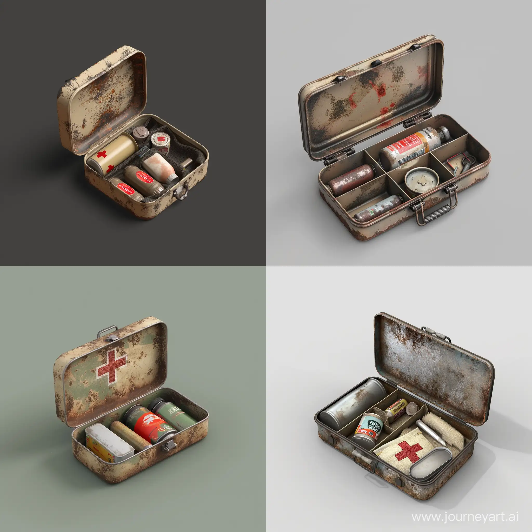 isometric realistic mini very small simple opened survival kit in realistic worn simple oblong metal case, 3d render, stalker style, less details, hunting first aid, hygiene, canned