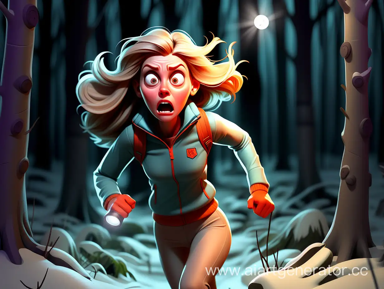 Кейт Дэнсон убегает с фонариком по зимнему лесу с испуганым взглядом. В мультяшном стиле