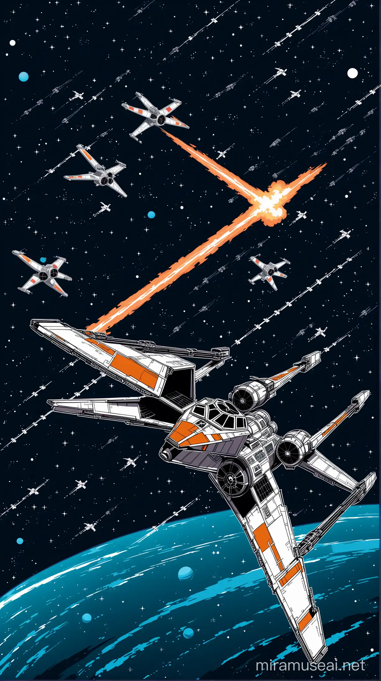 X-wing fighting a tie fighter Vector. space background