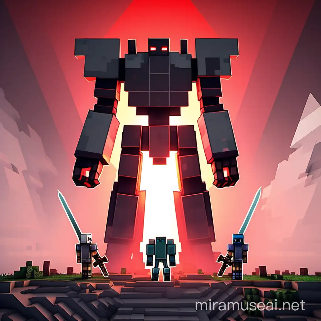 Мир видеоигры Minecraft. Два игрока стоят напротив гигантского робота в форме сплошного серого треугольника. Игроки готовы к бою с ним и держут свои мечи. Красное небо. Атмсофера войны. 