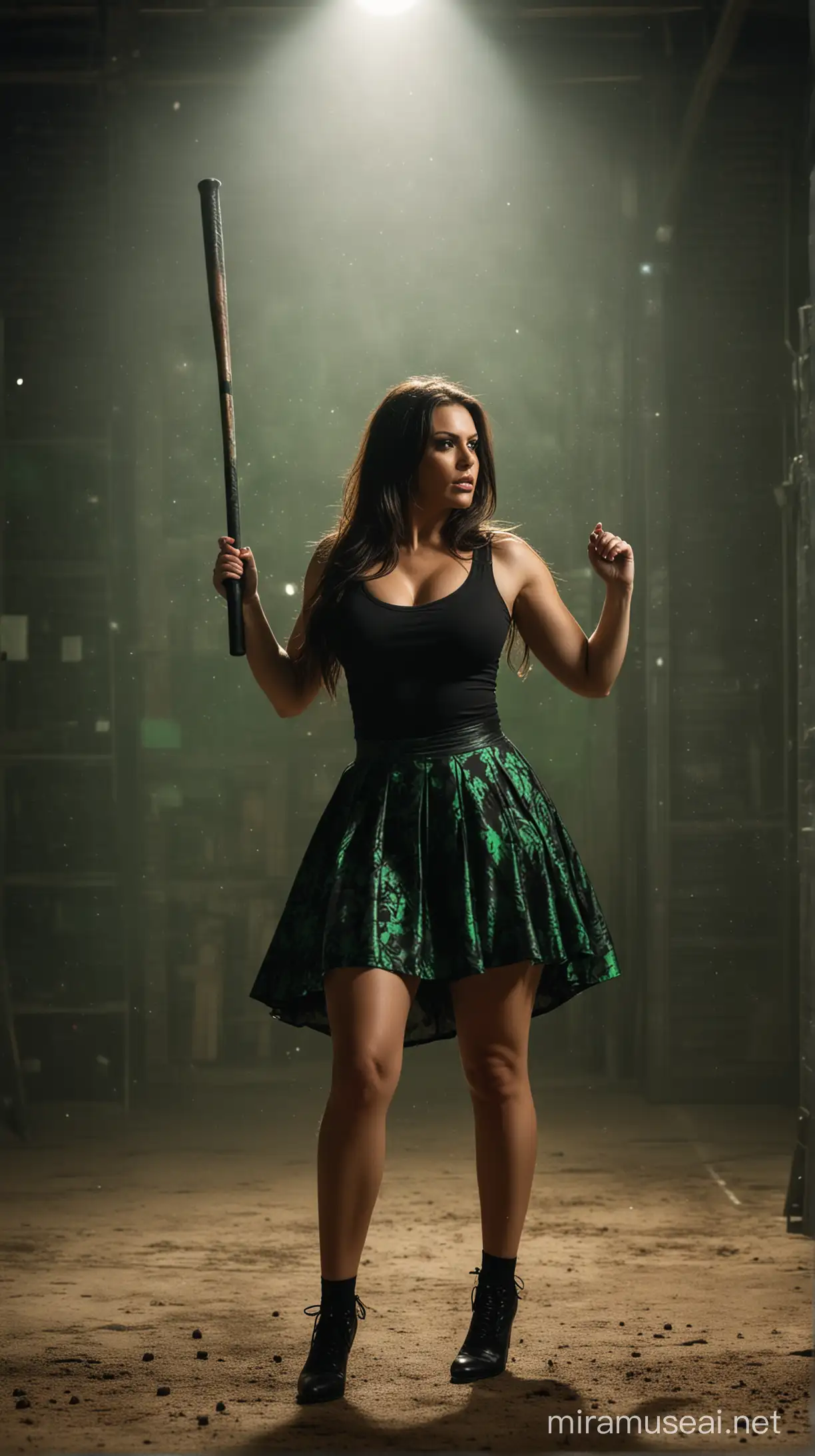 photoshoot, busty woman in black shirt with green print, black skirt, bandaged feet, long dark hair with color accents, swinging baseball bat, dark storage hall at night, noir, dramatic light, rim lights to contour body shape, blurred background, bokeh, dust in air, volumetric light