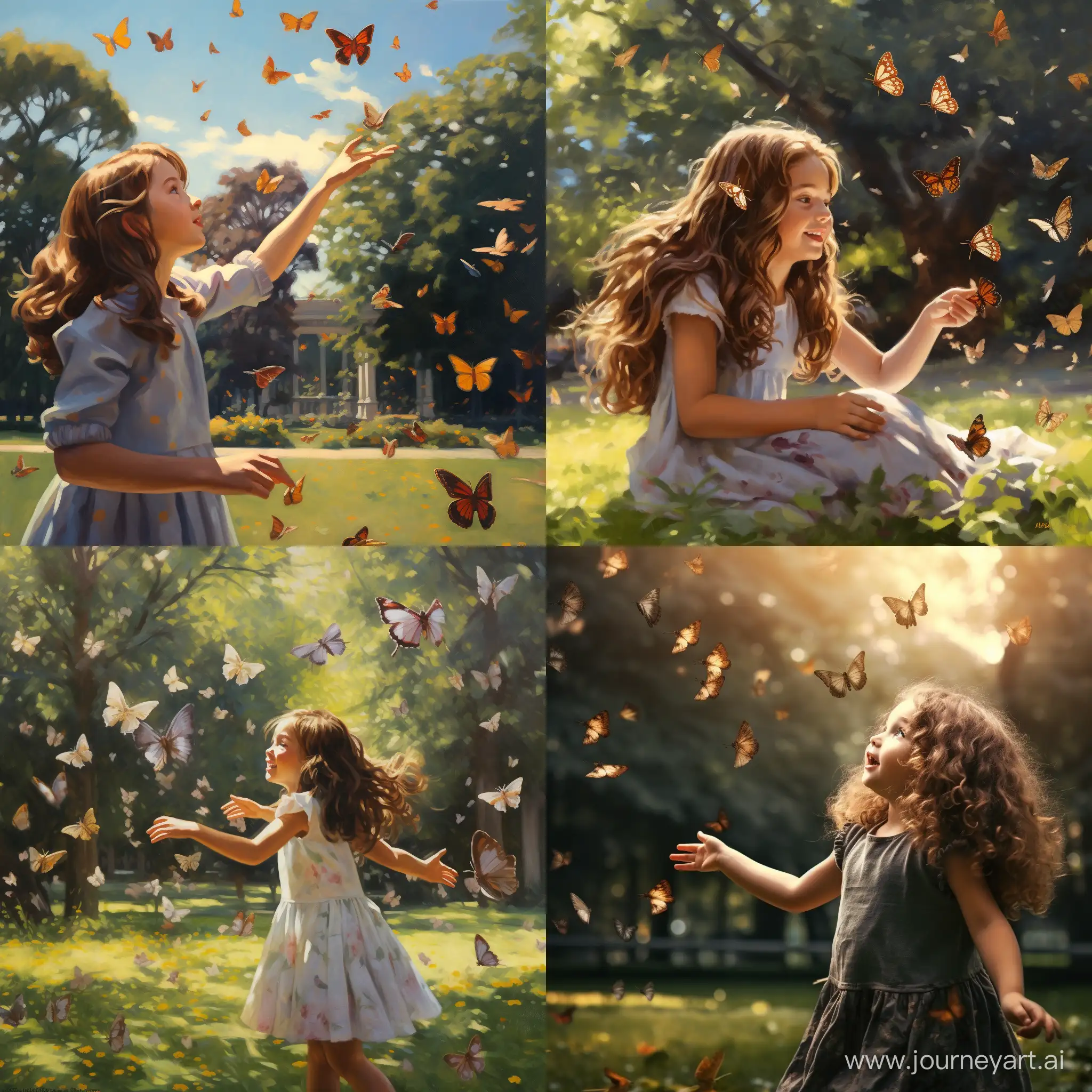 小女孩在公园草坪上抓蝴蝶背影