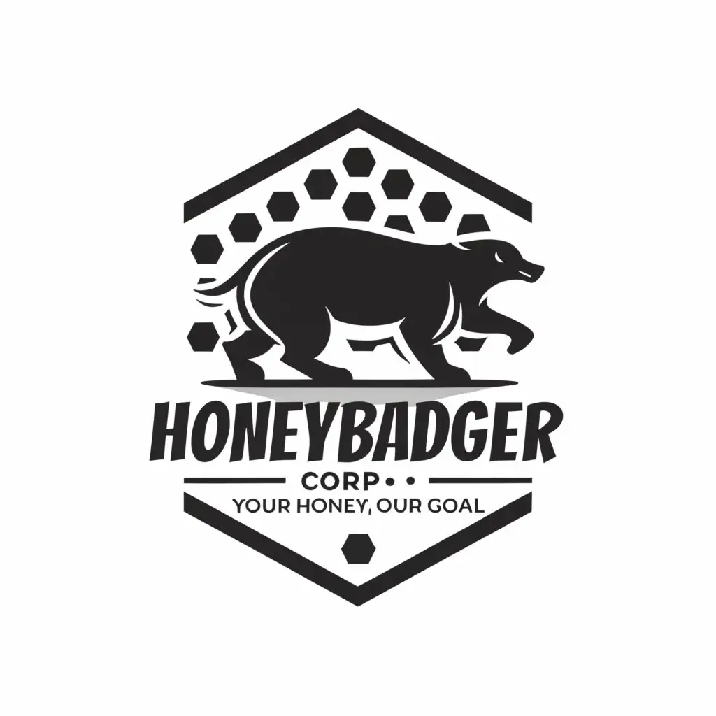 a logo design,with the text "HoneBadgerCorp", main symbol:Honeybadger, Hexagon, SLOGAN = YOUR HONEY OUR GOAL,Minimalistic,clear background