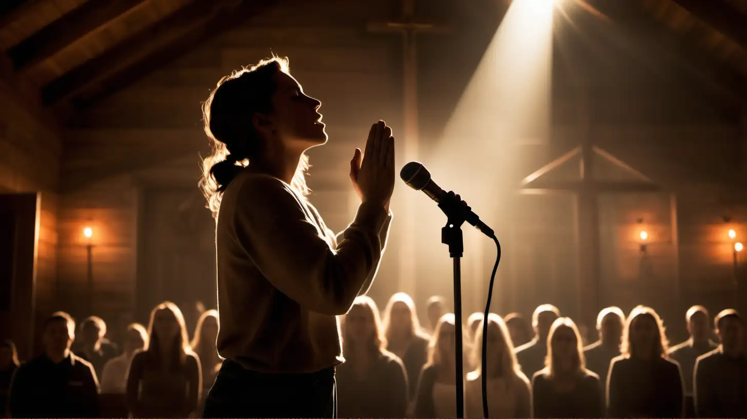 /imagine prompt: A photographic capture of a worship leader on a rustic church stage, vintage microphone in hand, warm ambient lights casting a halo effect, a congregation's silhouette in prayer. Created Using: rustic church interior, vintage microphone, ambient lighting, halo effect, prayerful congregation, soulful singing, spiritual ambiance, hd quality, natural look --ar 9:16 --v 6.0