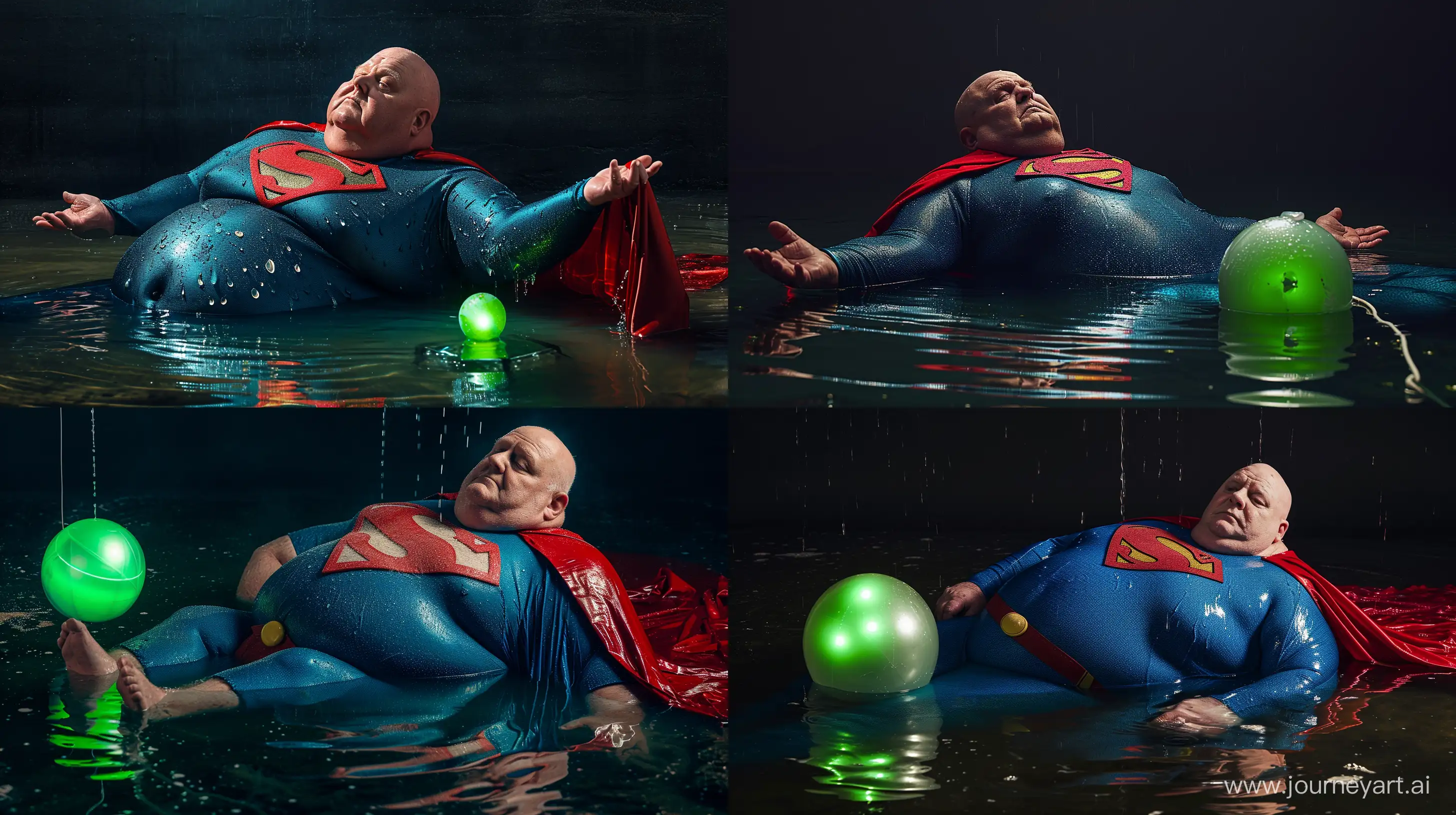 chubby man aged 70 lying in water, small green illuminated ball, wet tight blue spandex superman costume, red cape, clean shaven, bald, sharp-focus, high-quality, award-winning photograph, Canon EOS 5D Mark IV DSLR, professional lighting setup, Adobe Photoshop --ar 16:9 --v 6