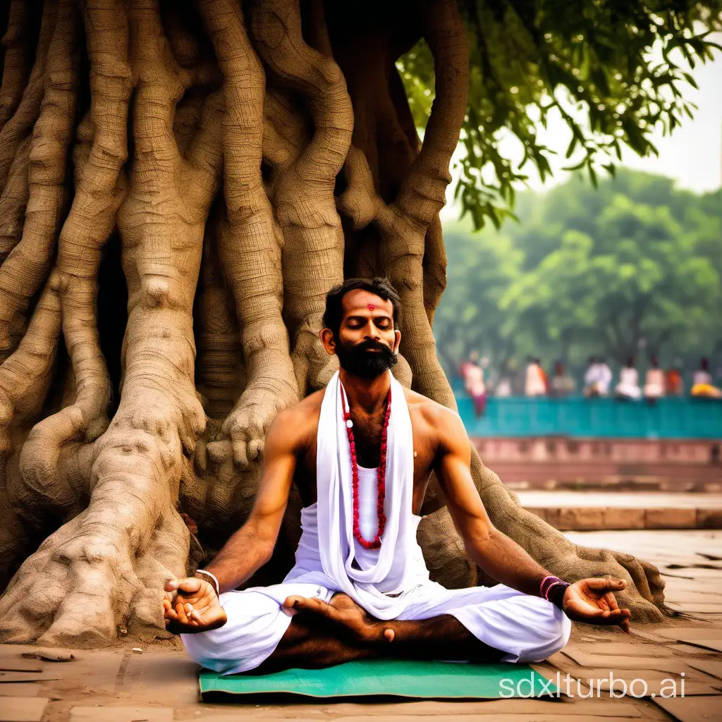 A man hybrid god doing yoga under a tree in Varanasi, India, having a look of tapasya on his face. Make him fair and Hindu godly like appearance.
Make him muscular.
