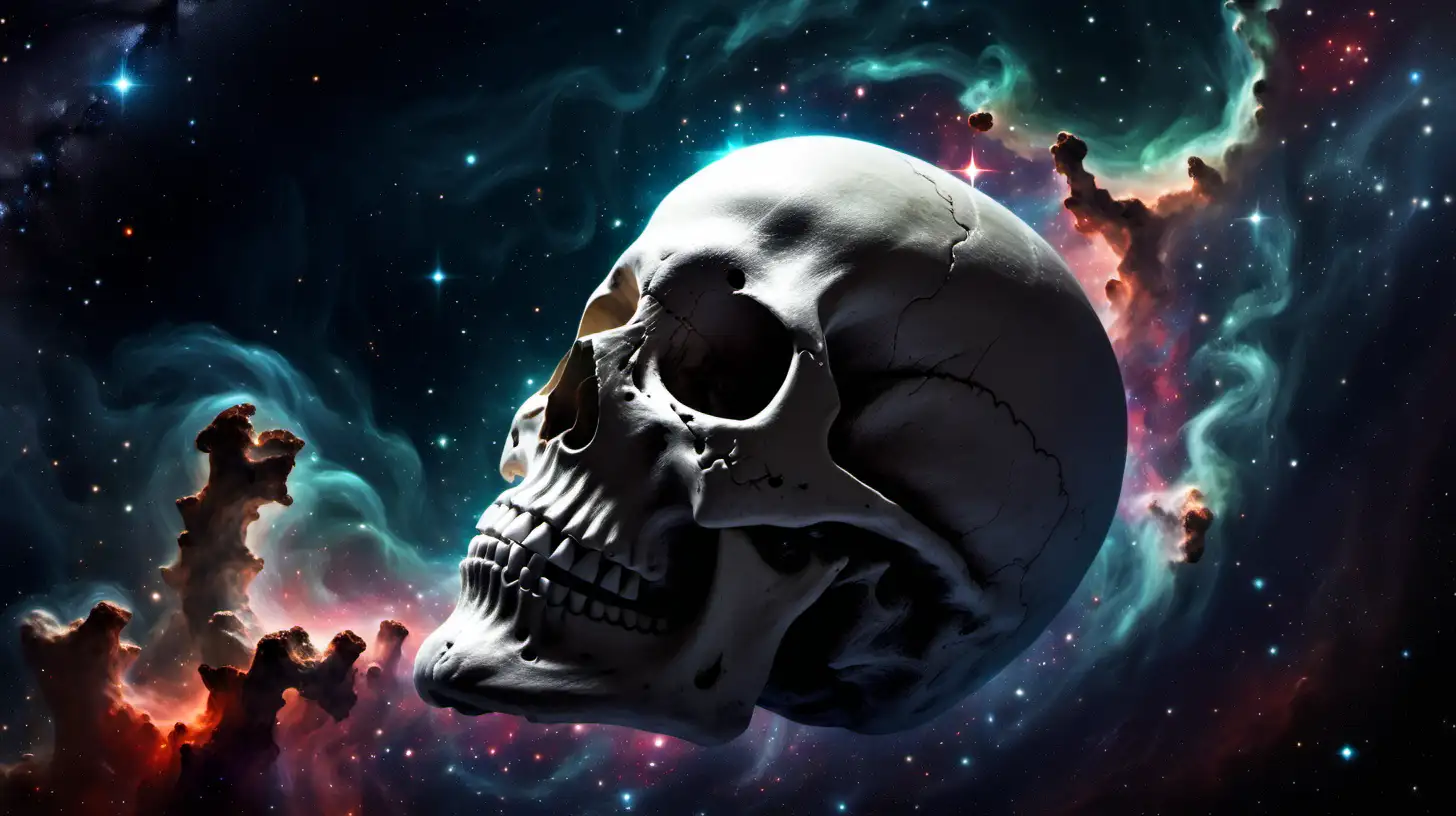 skull in space, surrounded by stars
