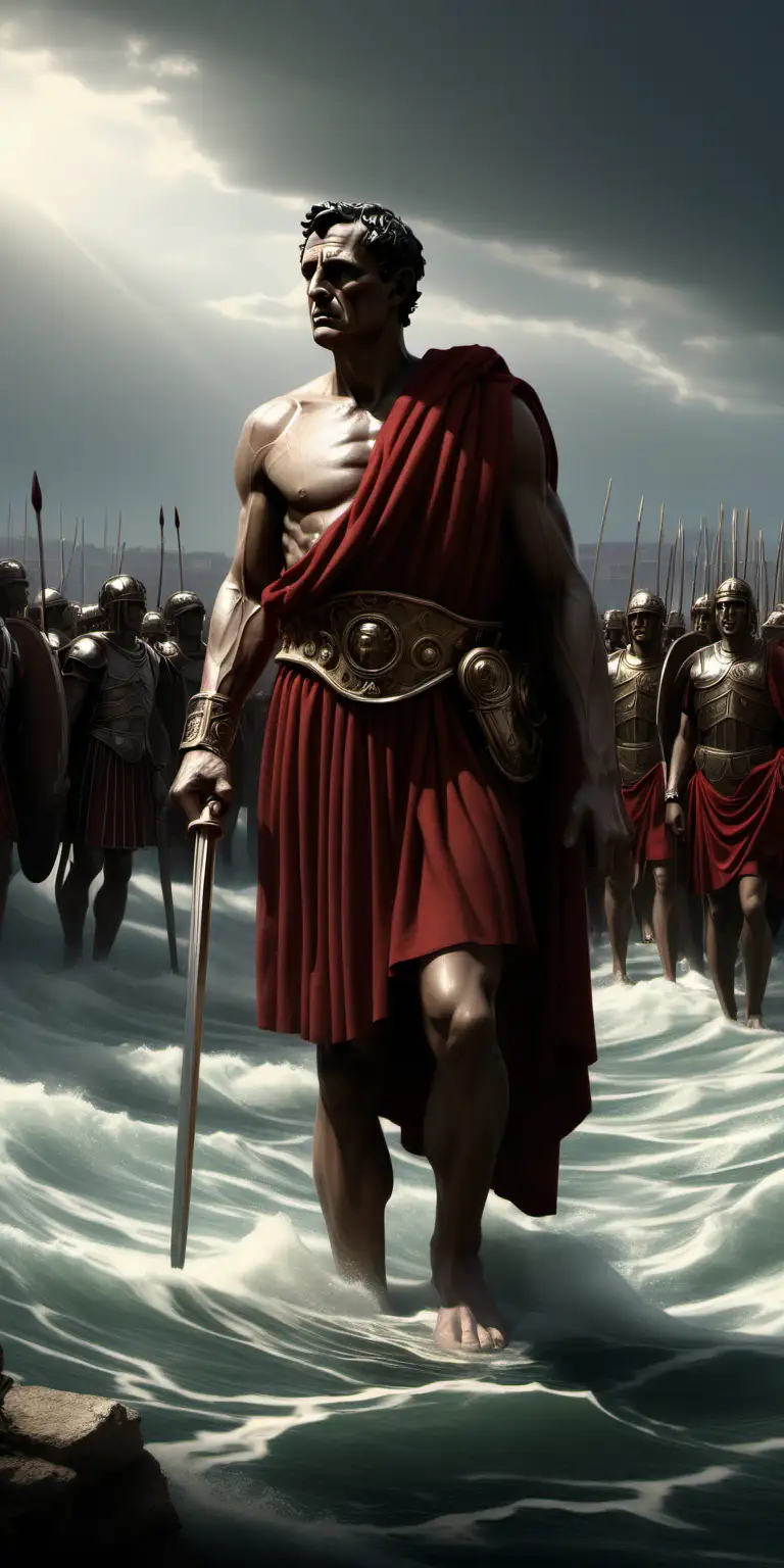 Title: "Rising from the Rubicon: Caesar's Bold Decision"

Prompt: Illustrate the pivotal moment as Caesar stands on the banks of the Rubicon, capturing the boldness of his decision that sends ripples through the empire.