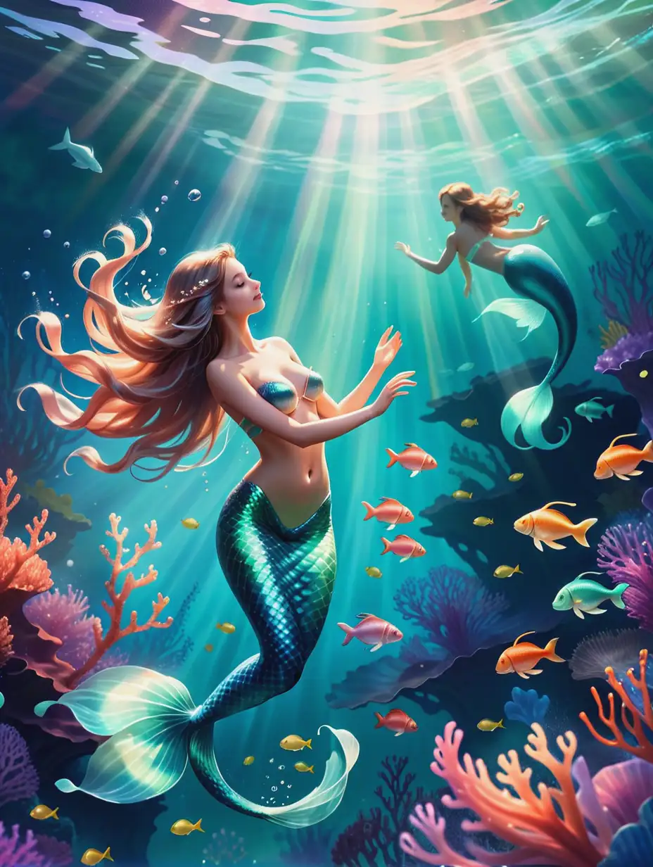 Mermaids Dancing in Translucent Ocean Depths Joyous Illustration