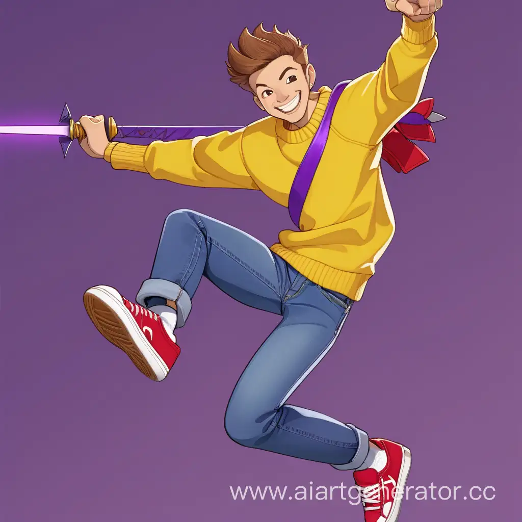 Happy-Man-in-Yellow-Sweater-Jumping-with-Purple-Sword