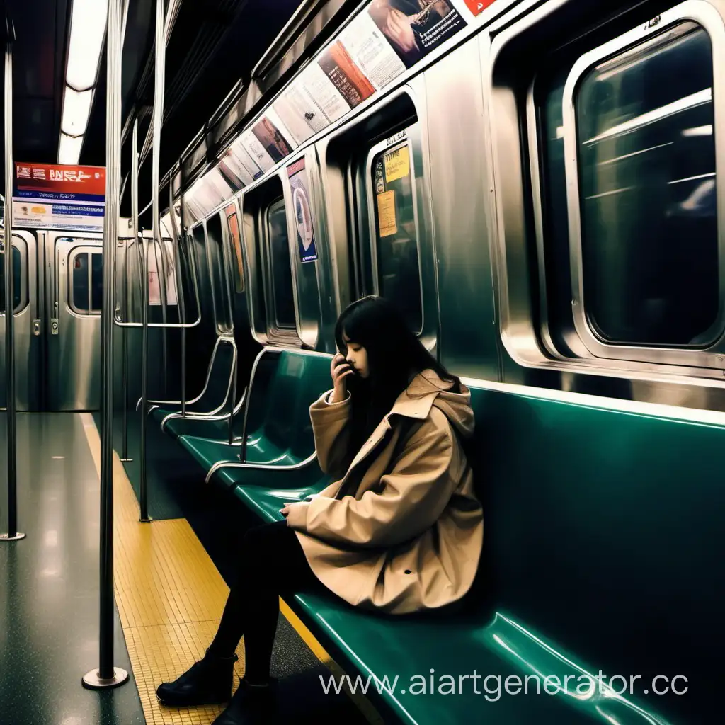 Одинокая девушка едет в поезде метро