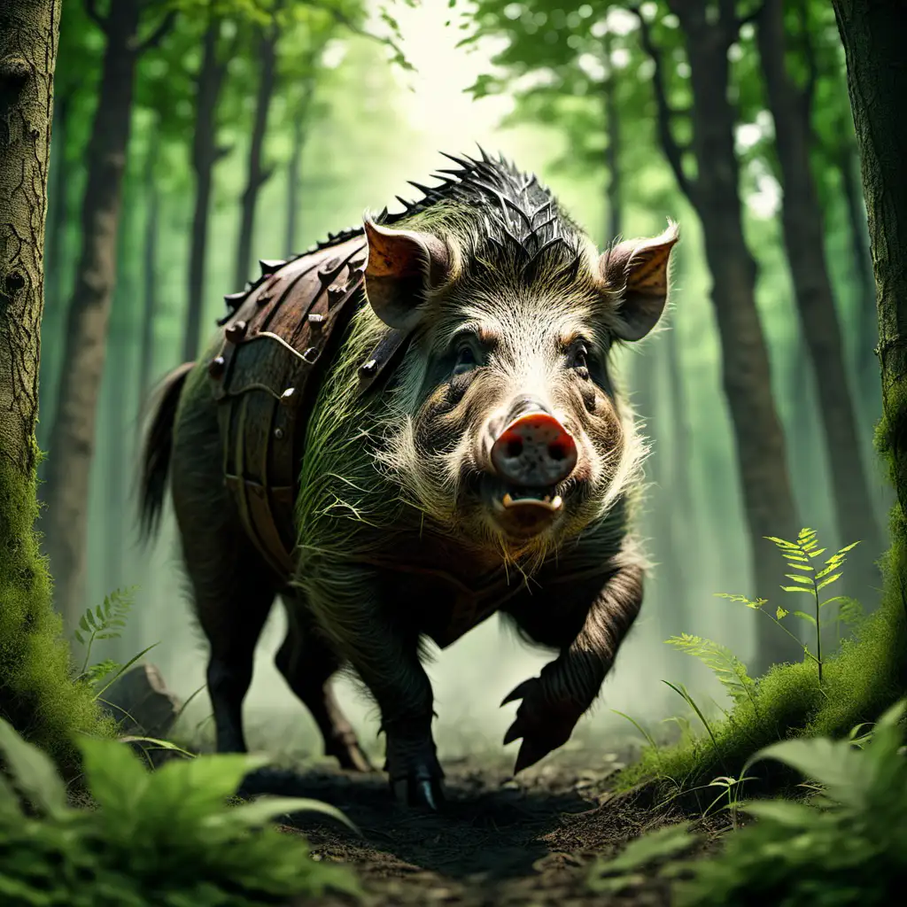 savage boar in a green forest background

