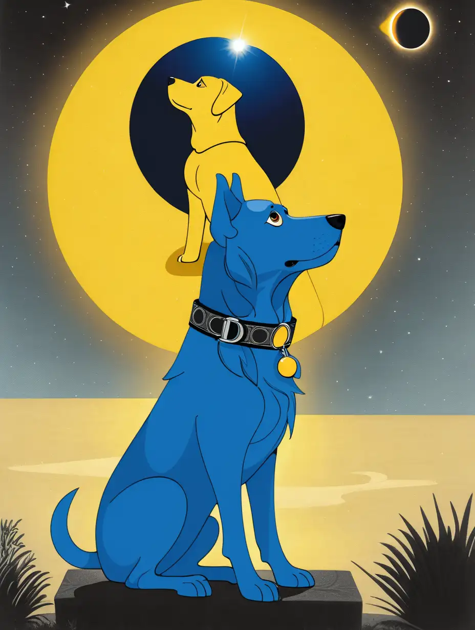Starry Night Sky During Total Solar Eclipse with Playful Blue Dogs